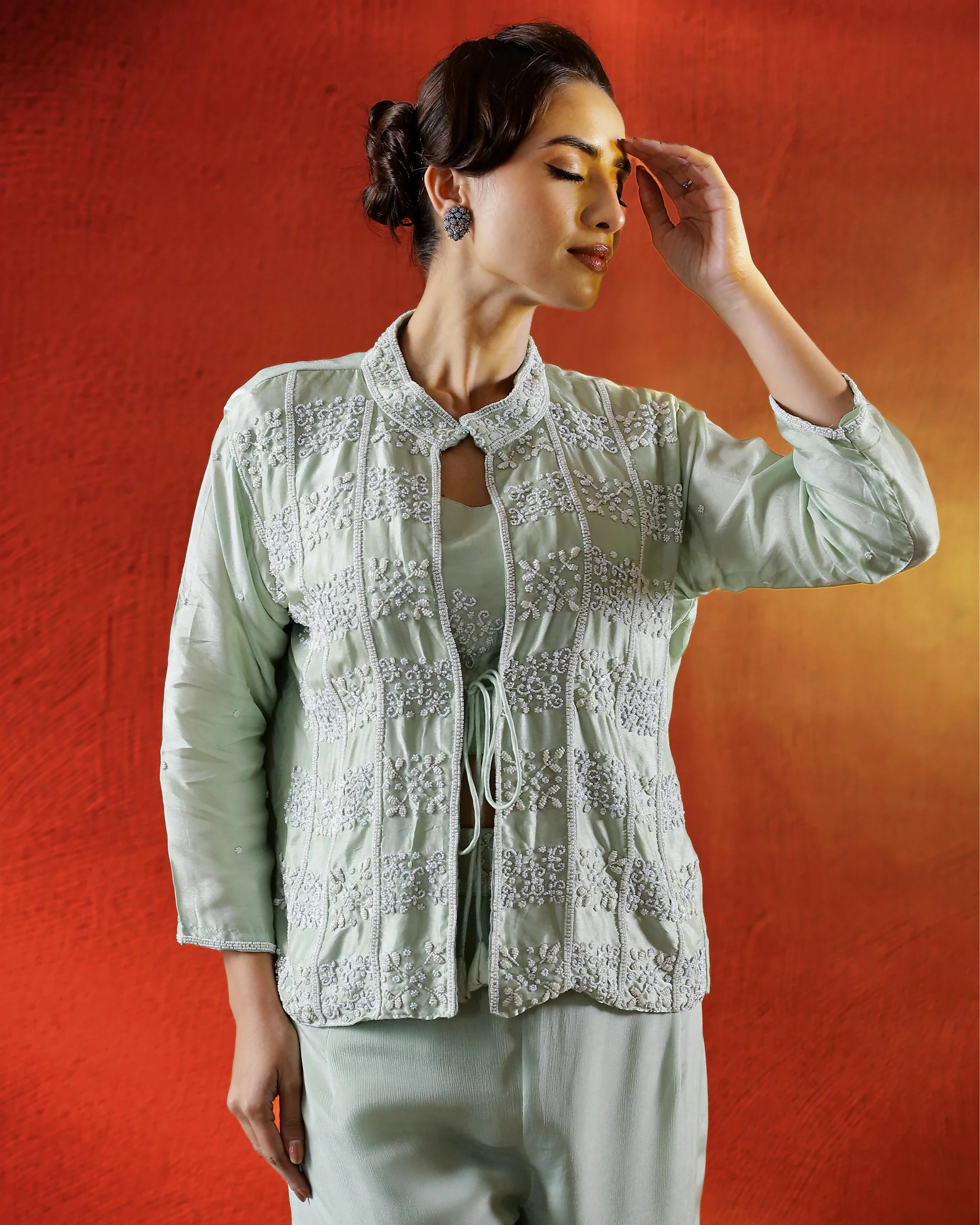 Light Green Embellished Spanish Silk Cape Set - Image 2