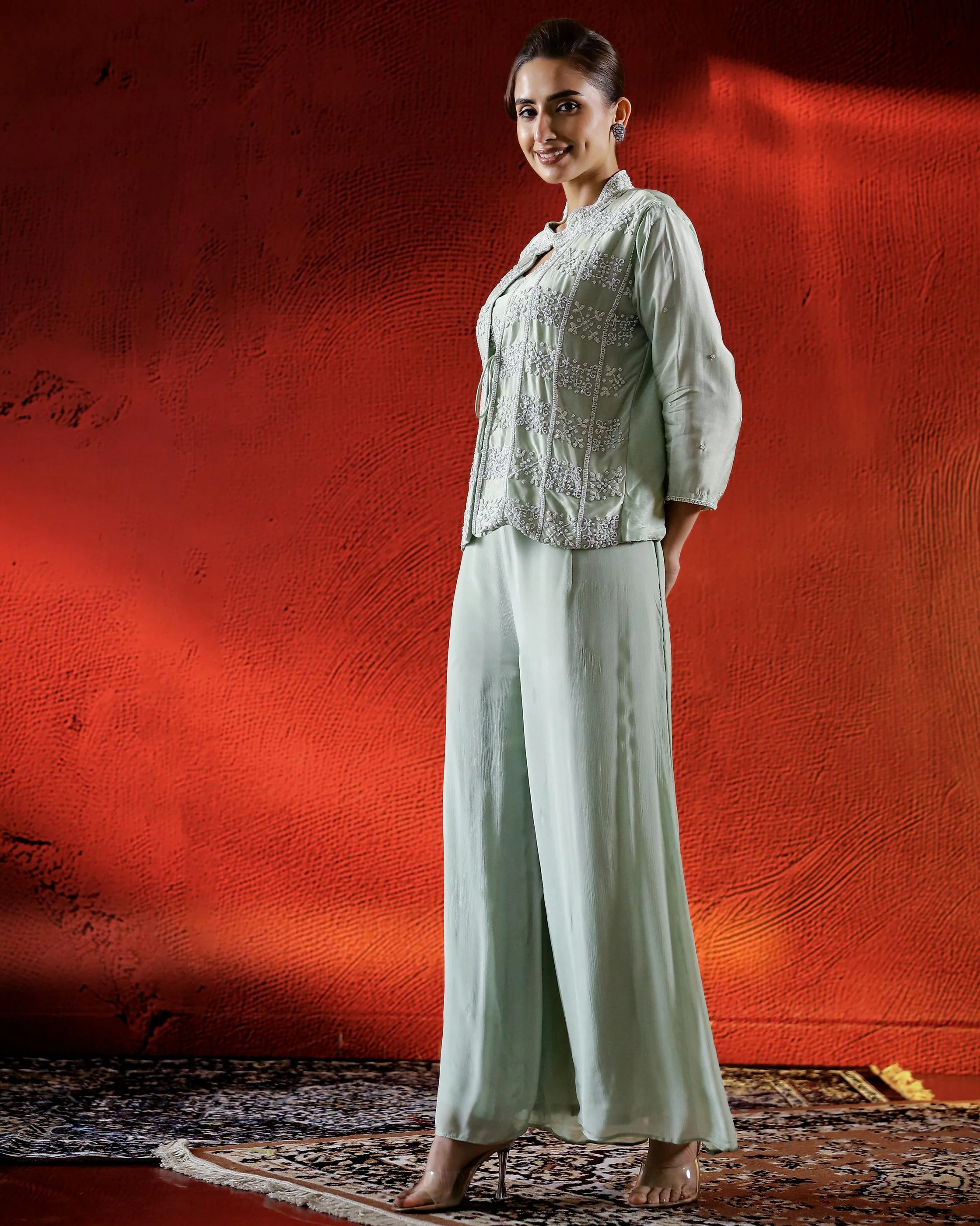 Light Green Embellished Spanish Silk Cape Set - Image 4