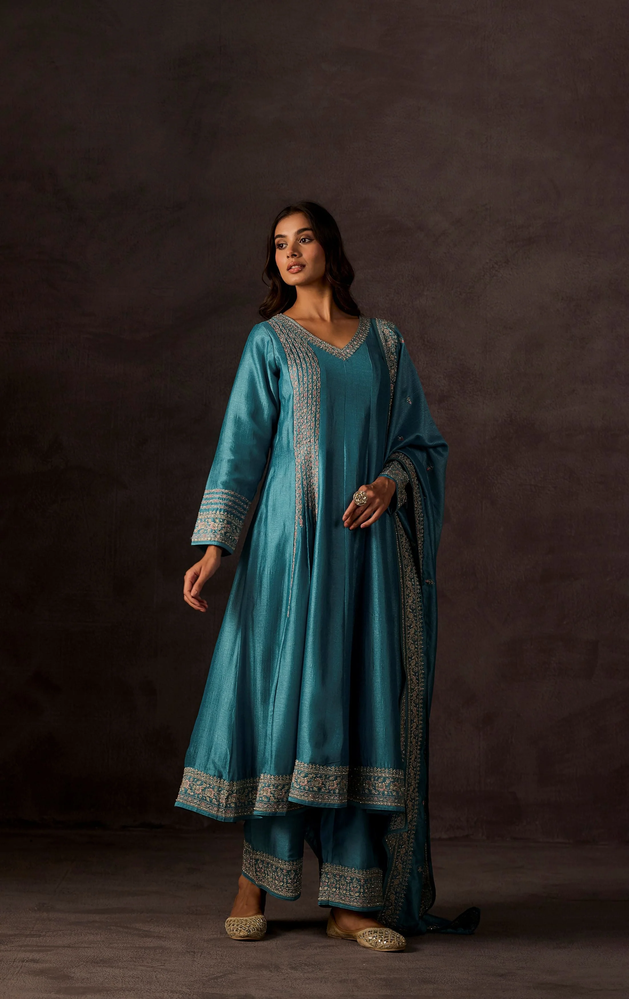 Pacific Blue Embellished Raw Silk Anarkali Set - Image 3