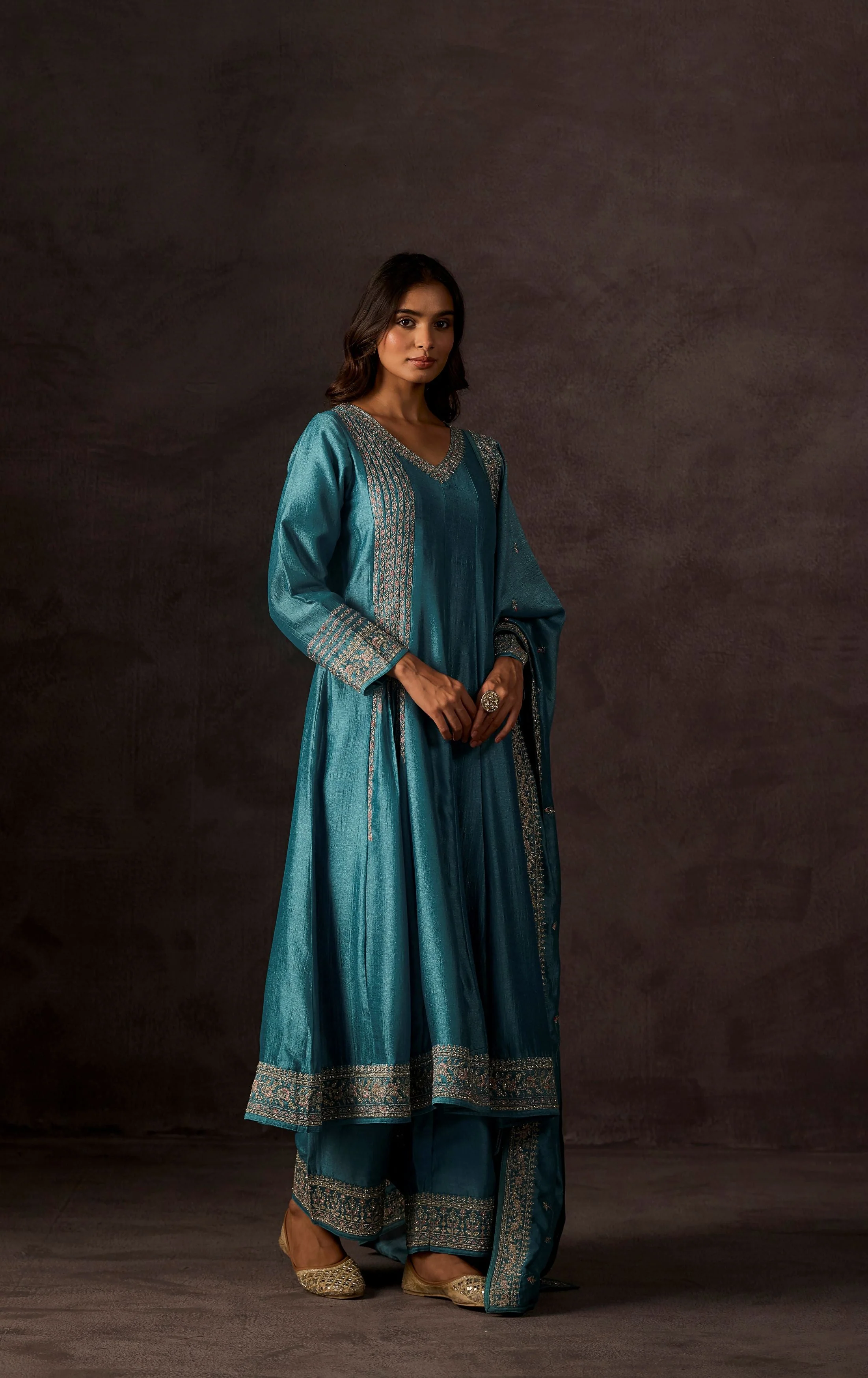 Pacific Blue Embellished Raw Silk Anarkali Set - Image 4