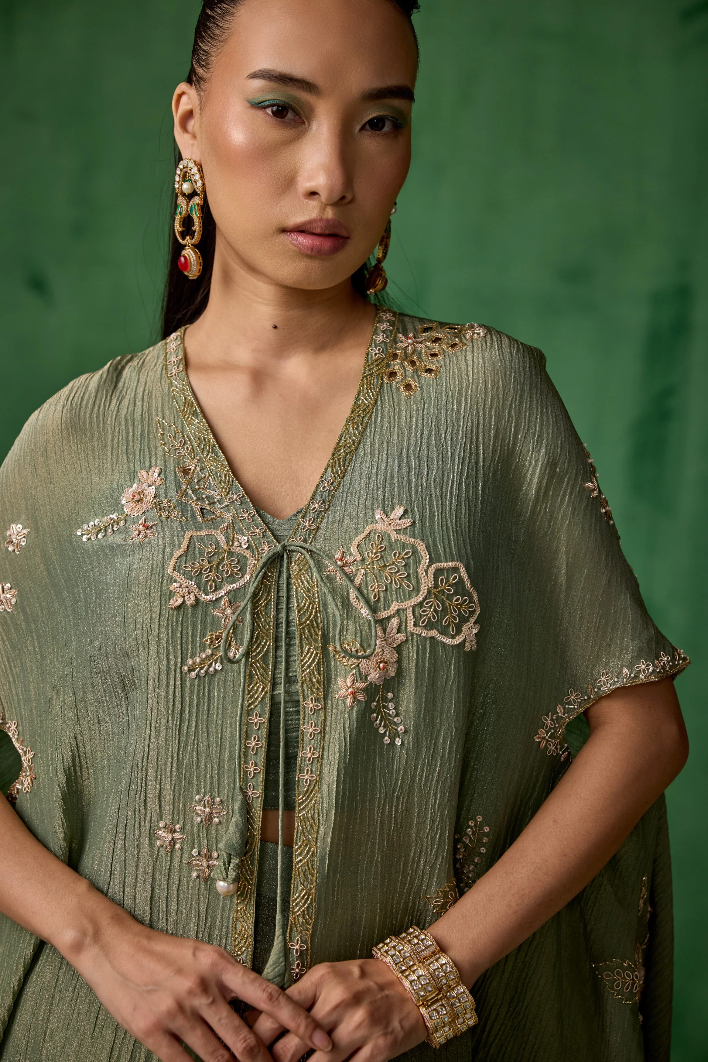 Light Green Embellished Shimmer Organza Silk Cape Set - Image 2