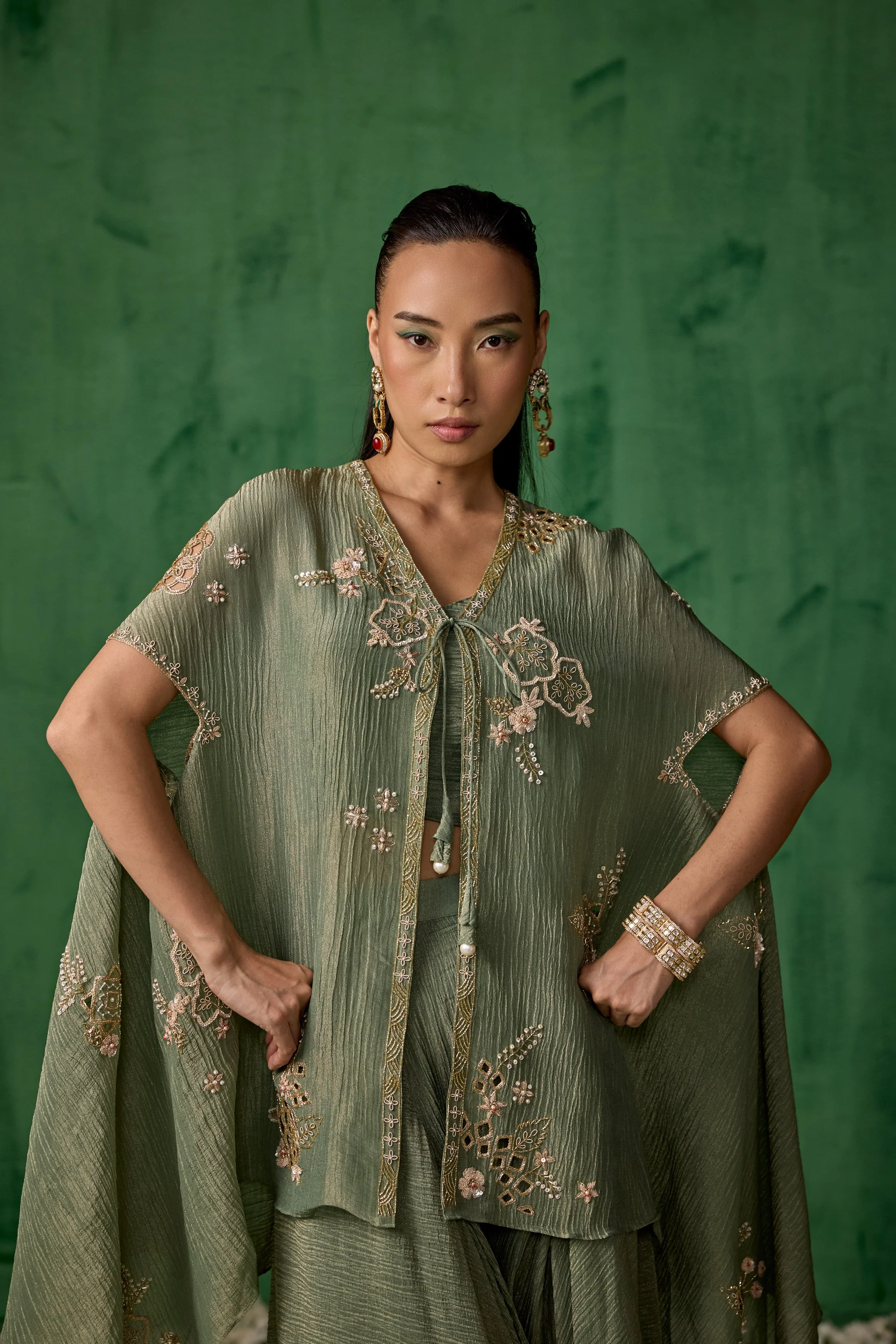 Light Green Embellished Shimmer Organza Silk Cape Set - Image 3