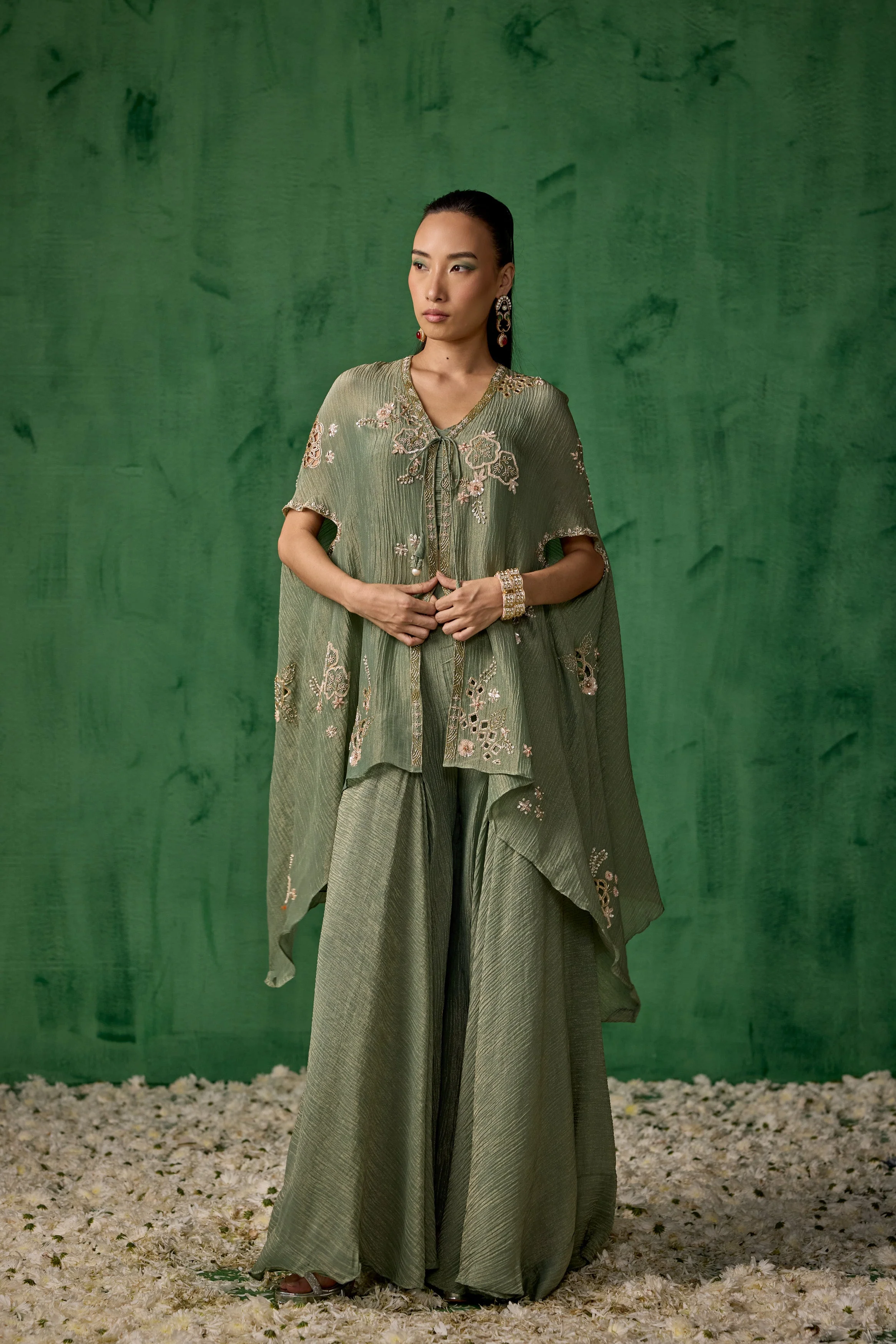 Light Green Embellished Shimmer Organza Silk Cape Set - Image 5