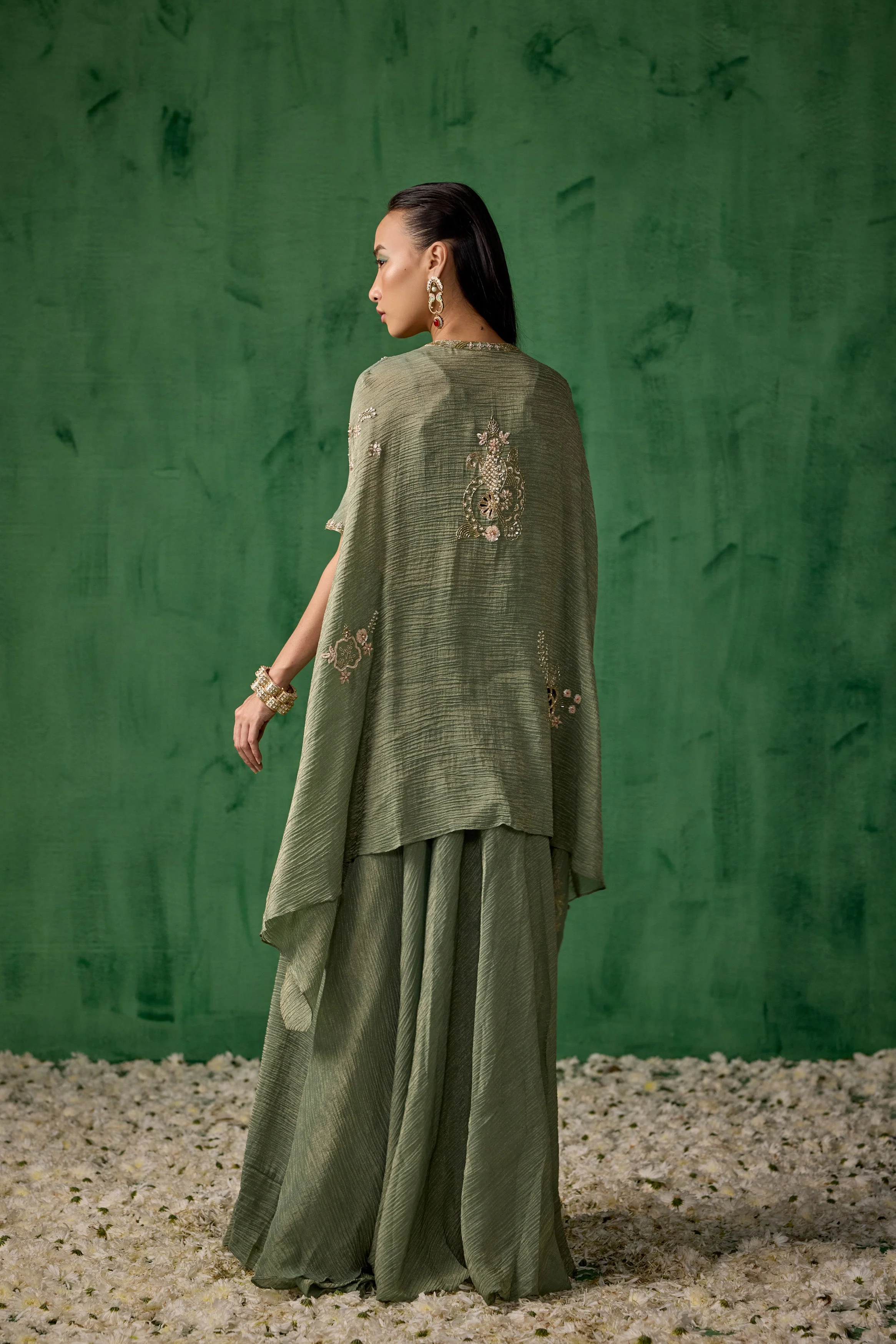 Light Green Embellished Shimmer Organza Silk Cape Set - Image 6
