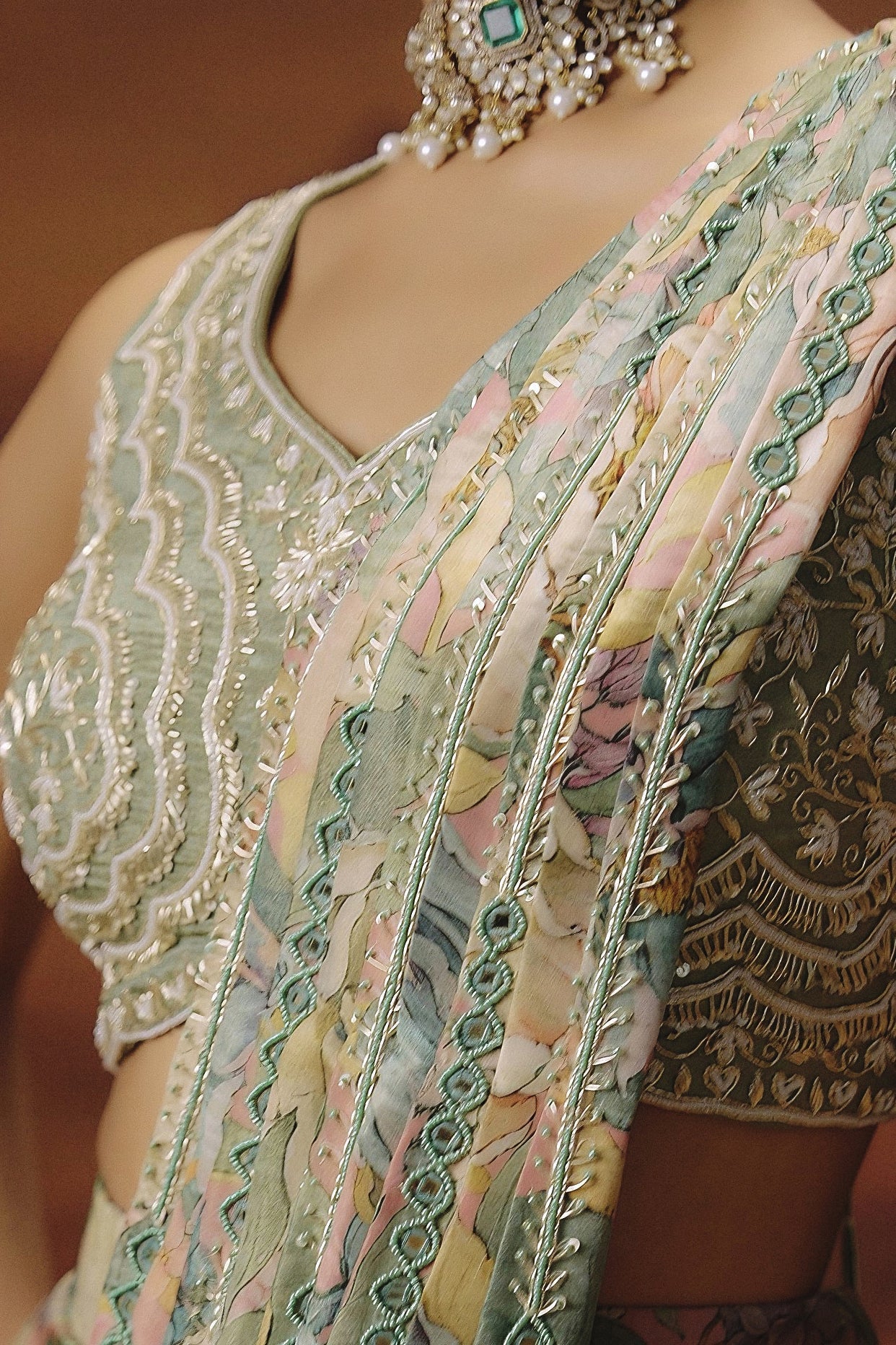 Sage Green Embellished Shimmer Tissue Silk Draped Saree - Image 2