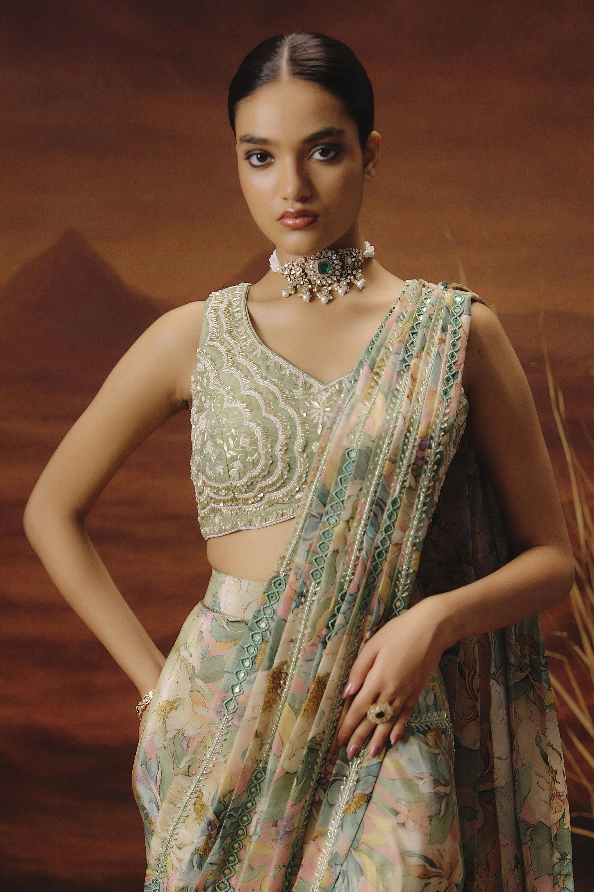 Sage Green Embellished Shimmer Tissue Silk Draped Saree - Image 4