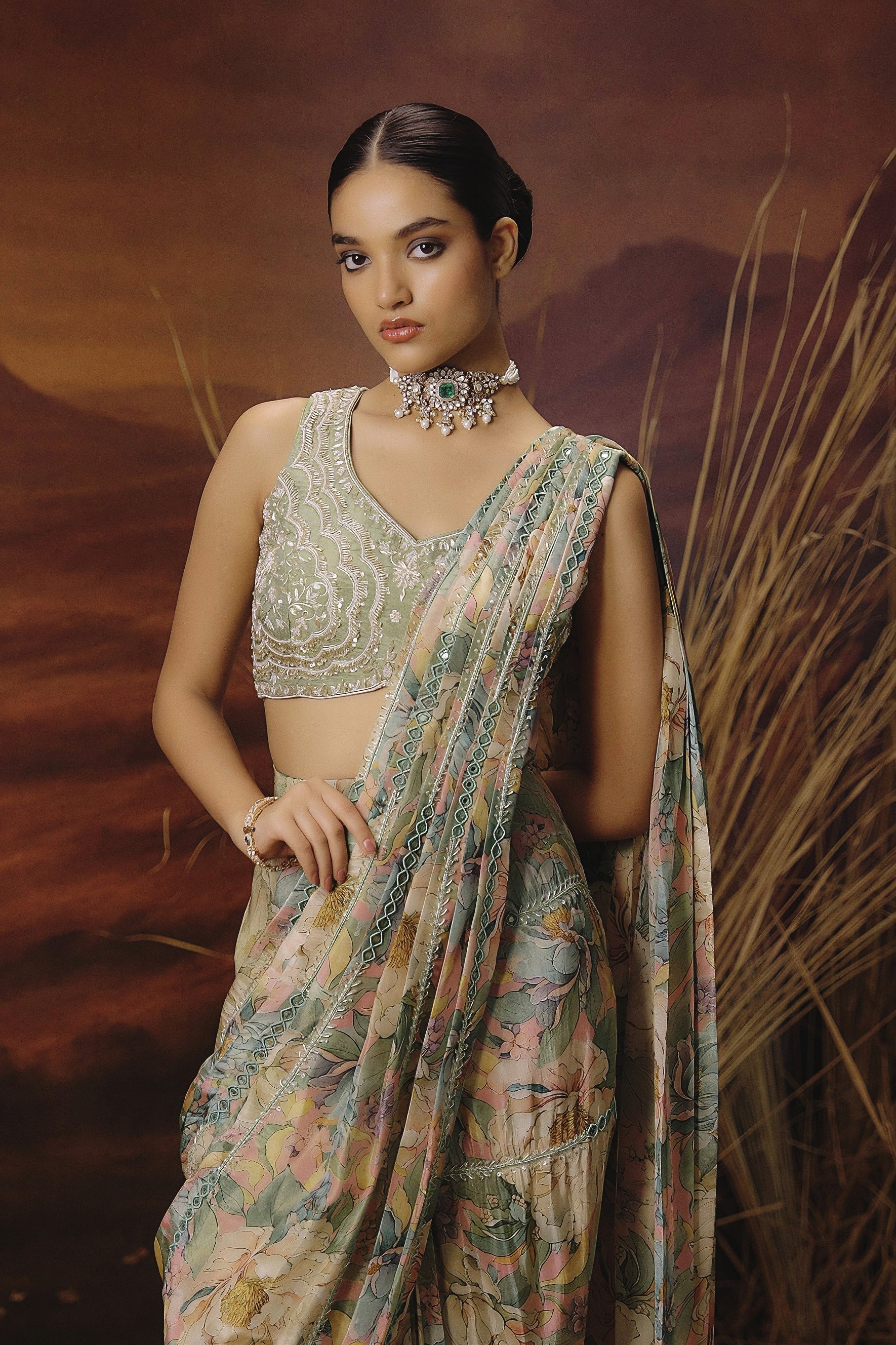 Sage Green Embellished Shimmer Tissue Silk Draped Saree - Image 5