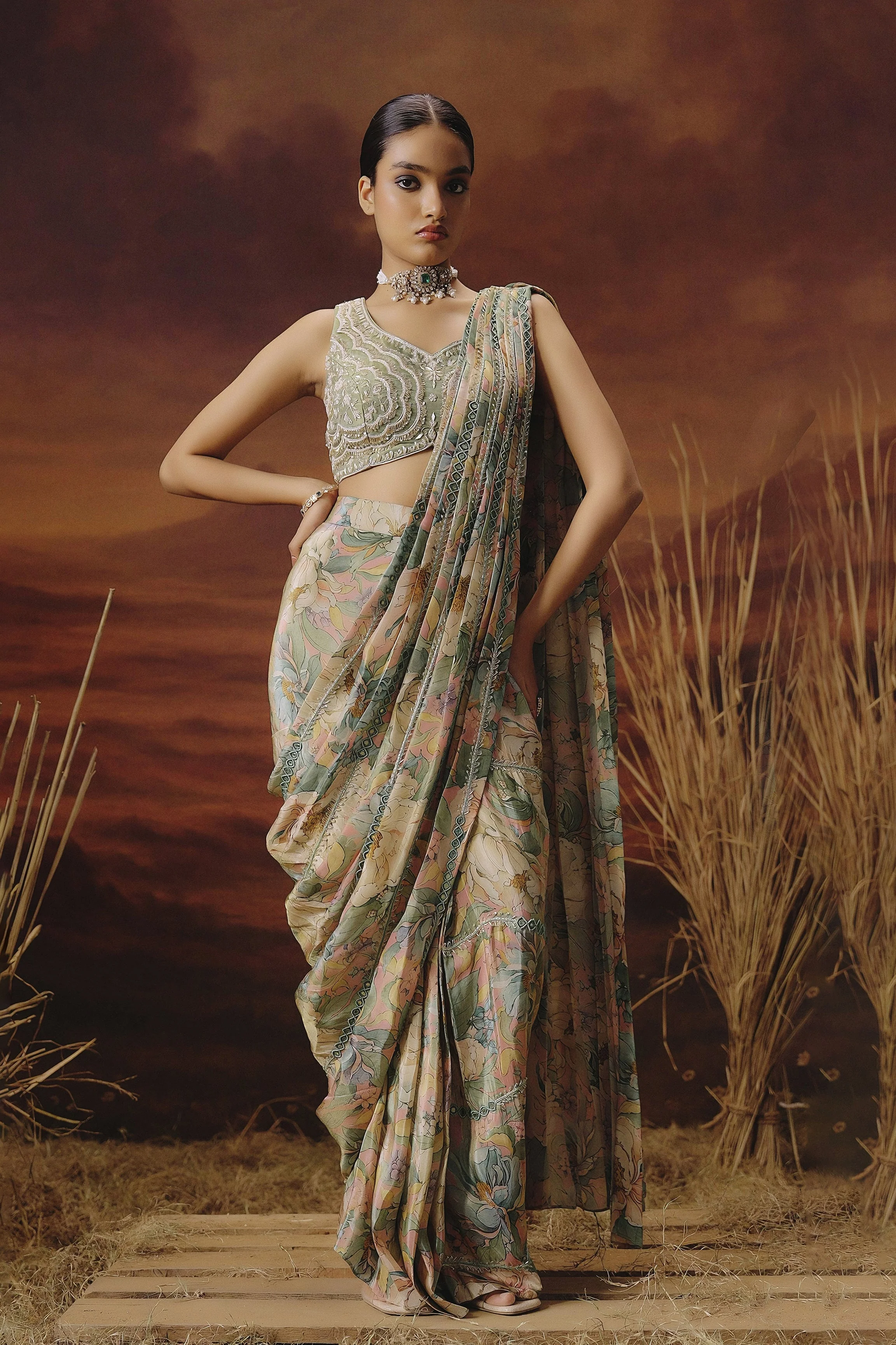 Sage Green Embellished Shimmer Tissue Silk Draped Saree - Image 6