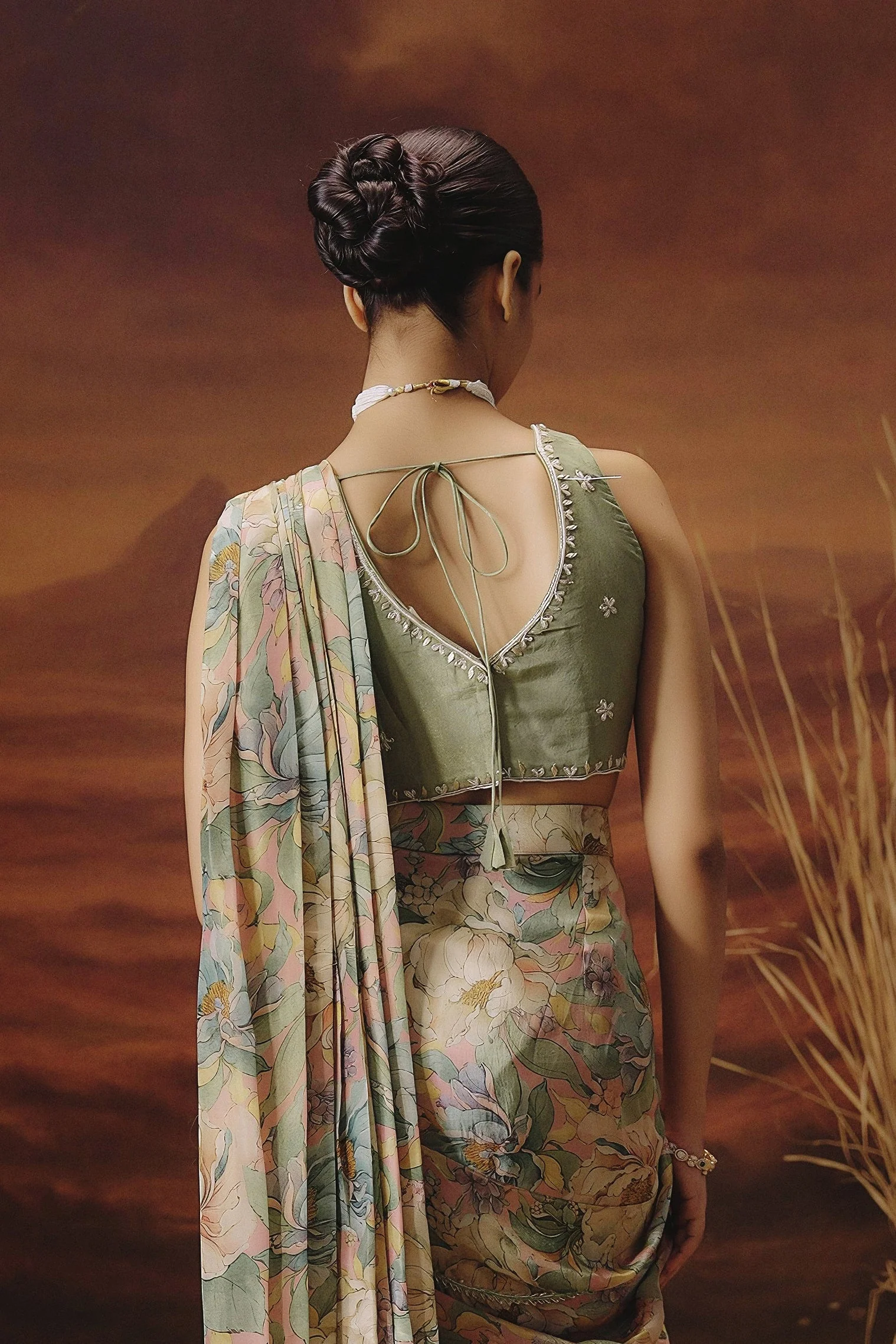 Sage Green Embellished Shimmer Tissue Silk Draped Saree - Image 7