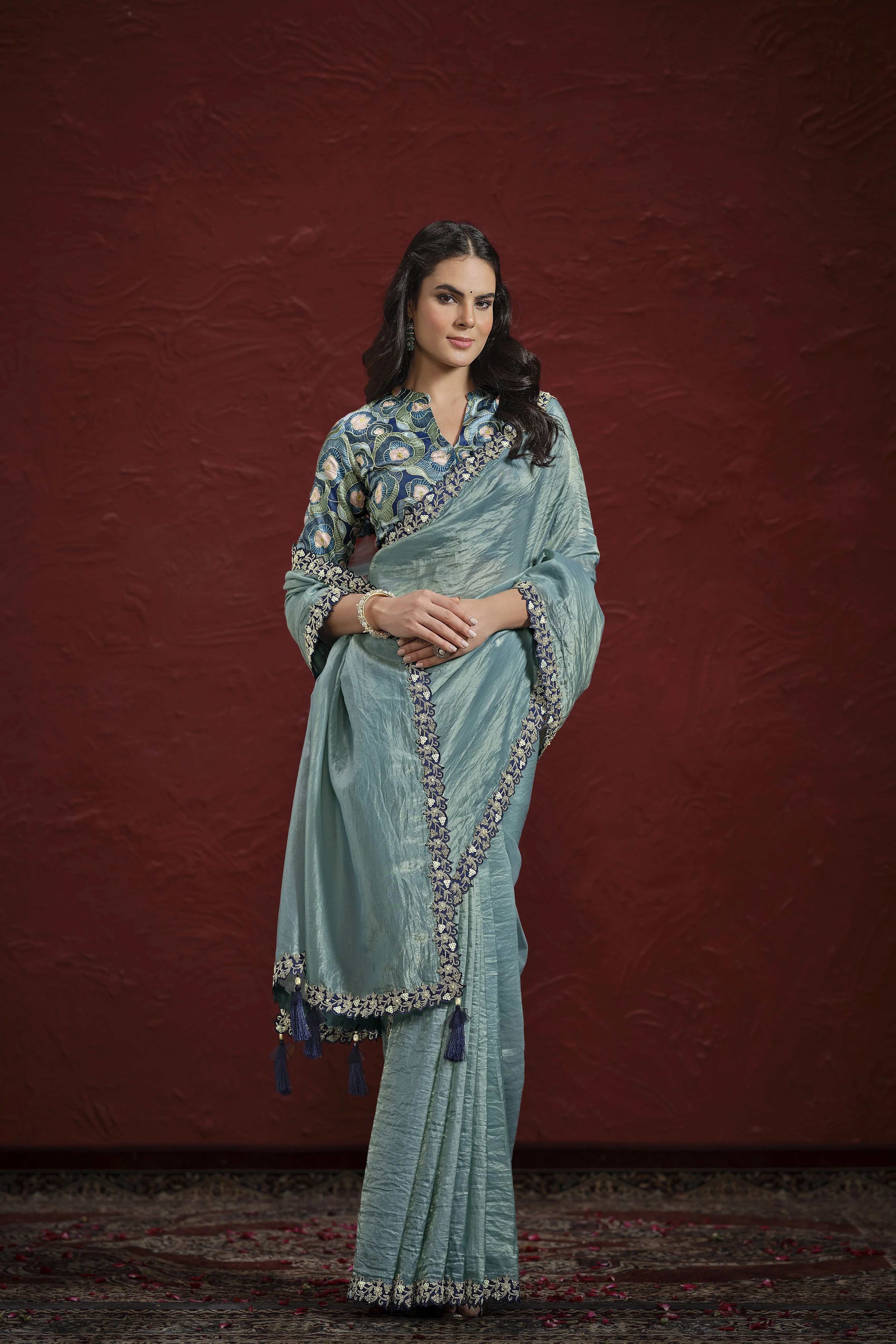 Sea-Green Embroidered Italian Paper Silk Saree - Image 3