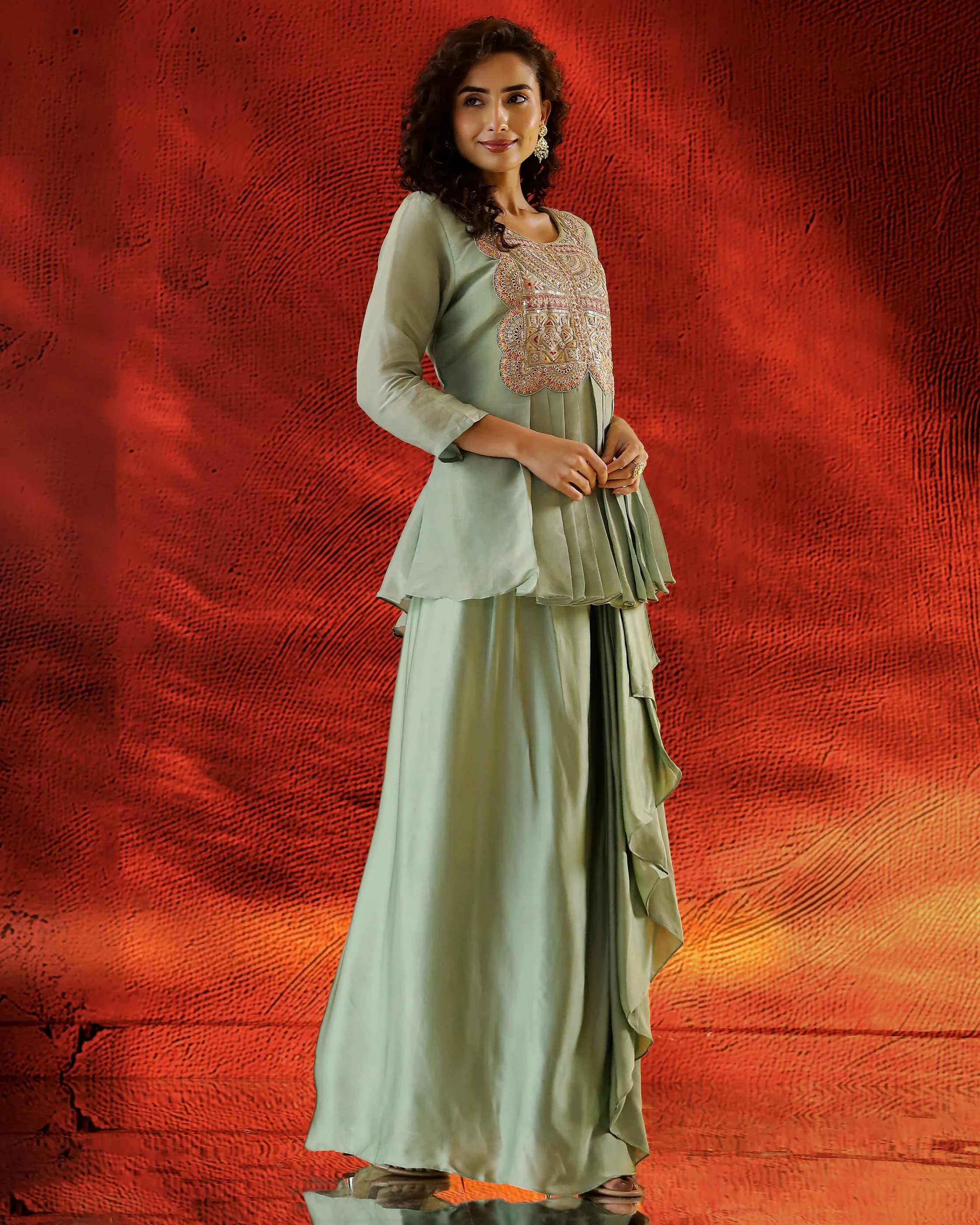 Light Green Embroidered Satin Silk Skirt Set - Image 3