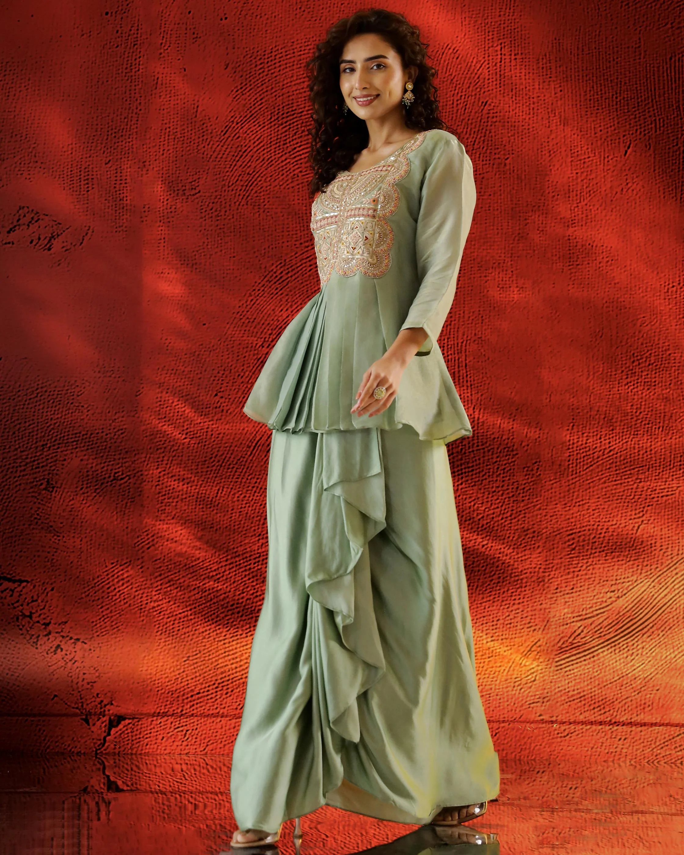 Light Green Embroidered Satin Silk Skirt Set - Image 4