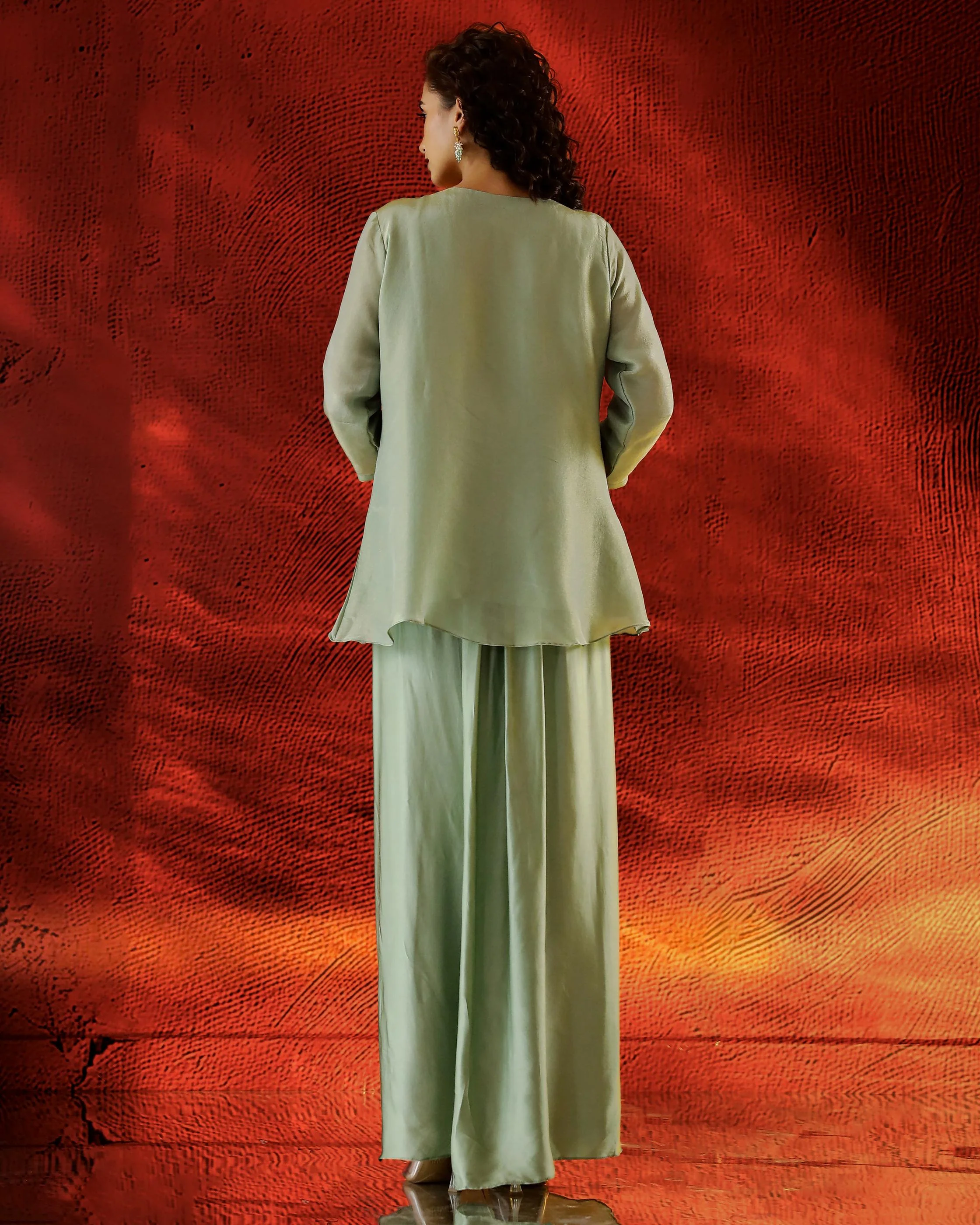 Light Green Embroidered Satin Silk Skirt Set - Image 5
