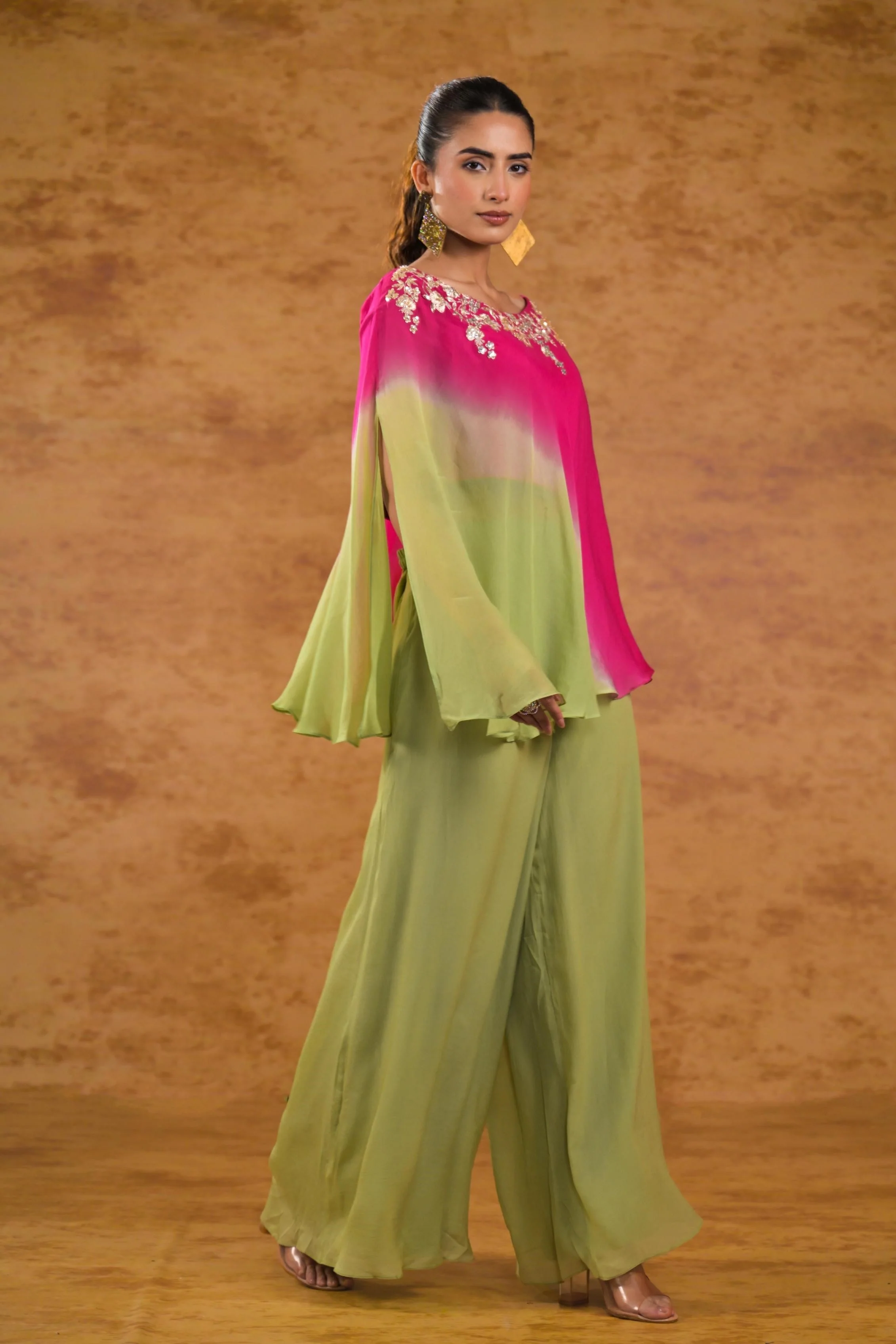 Light Green Ombre-Dyed Georgette Silk Co-Ord Set - Image 3