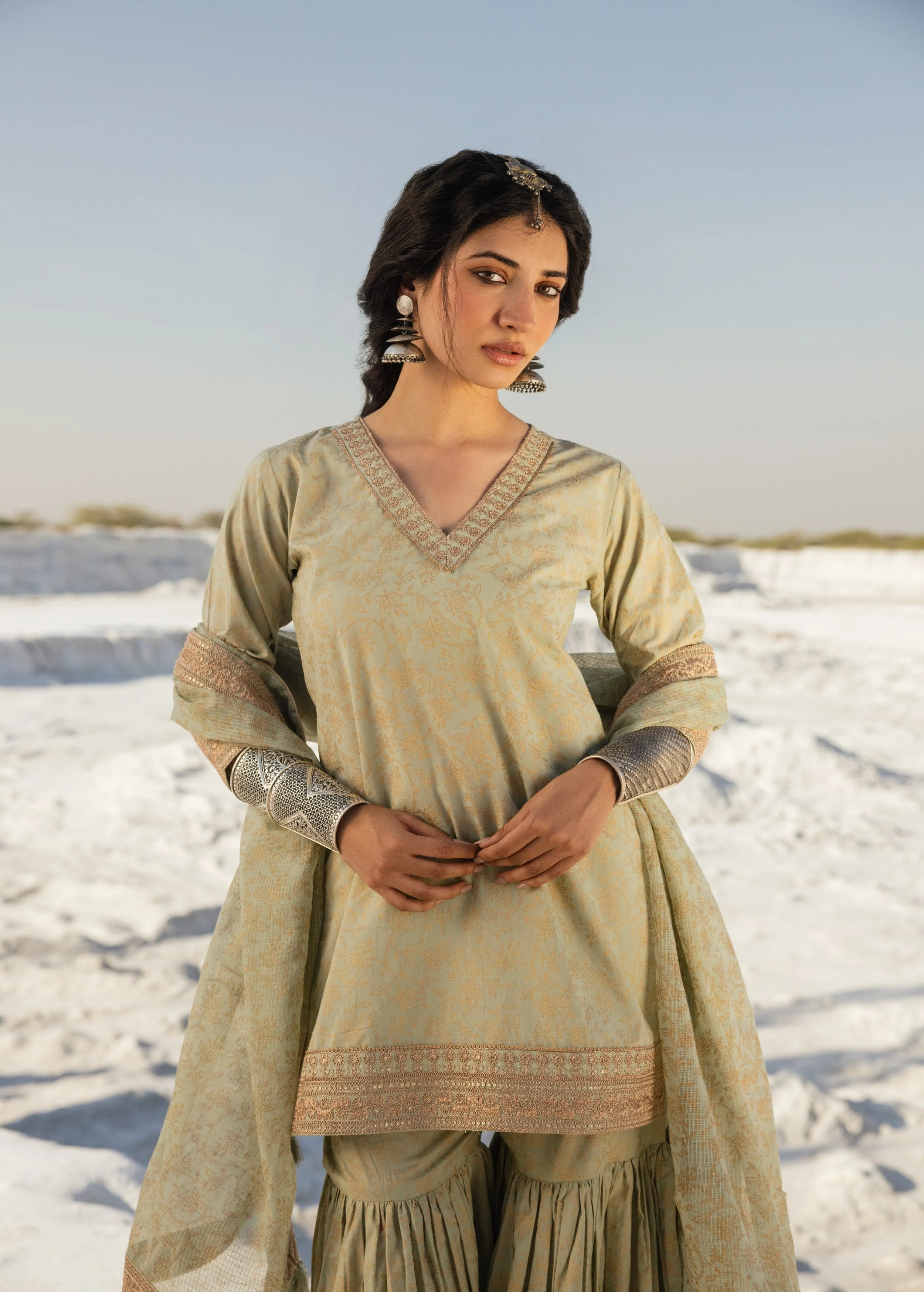 Light Green Printed Organic Cotton Sharara Set - Image 2