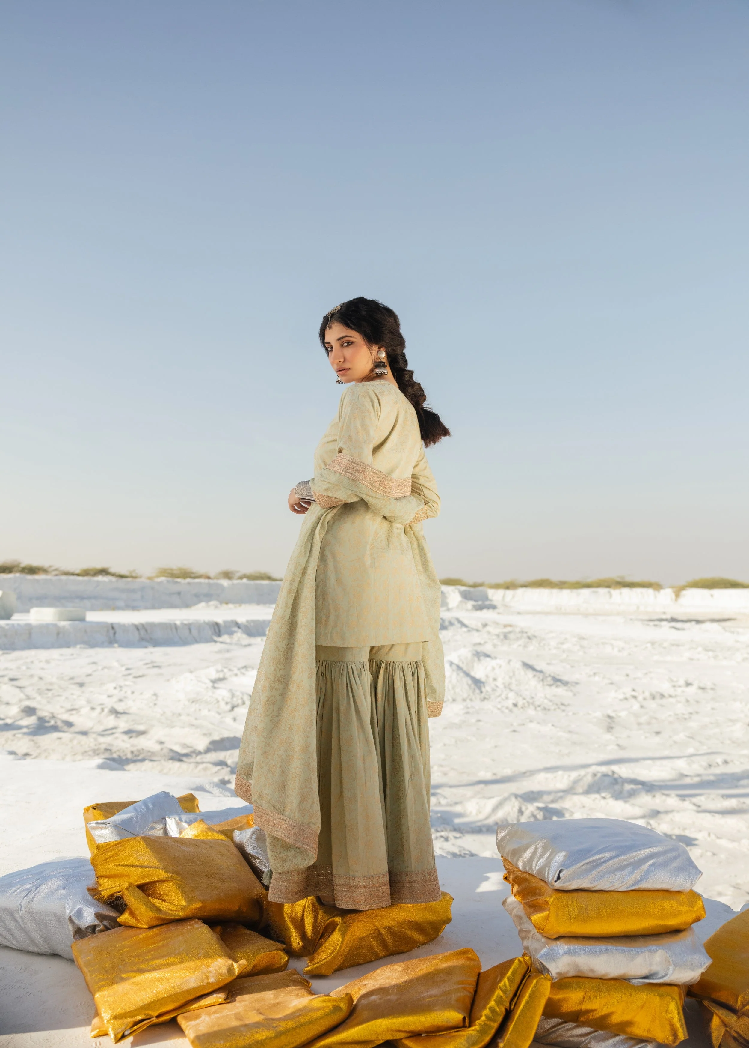 Light Green Printed Organic Cotton Sharara Set - Image 4
