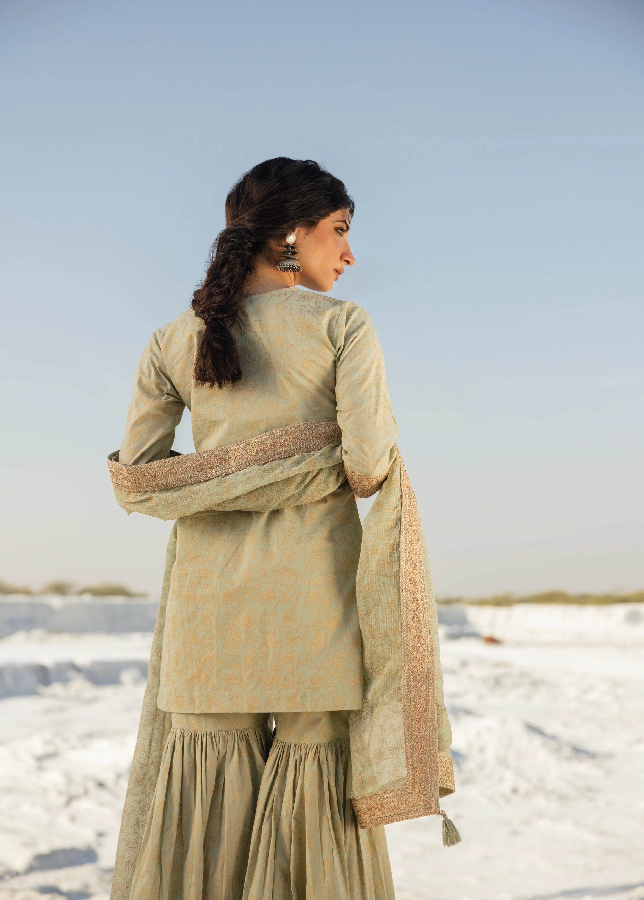 Light Green Printed Organic Cotton Sharara Set - Image 5
