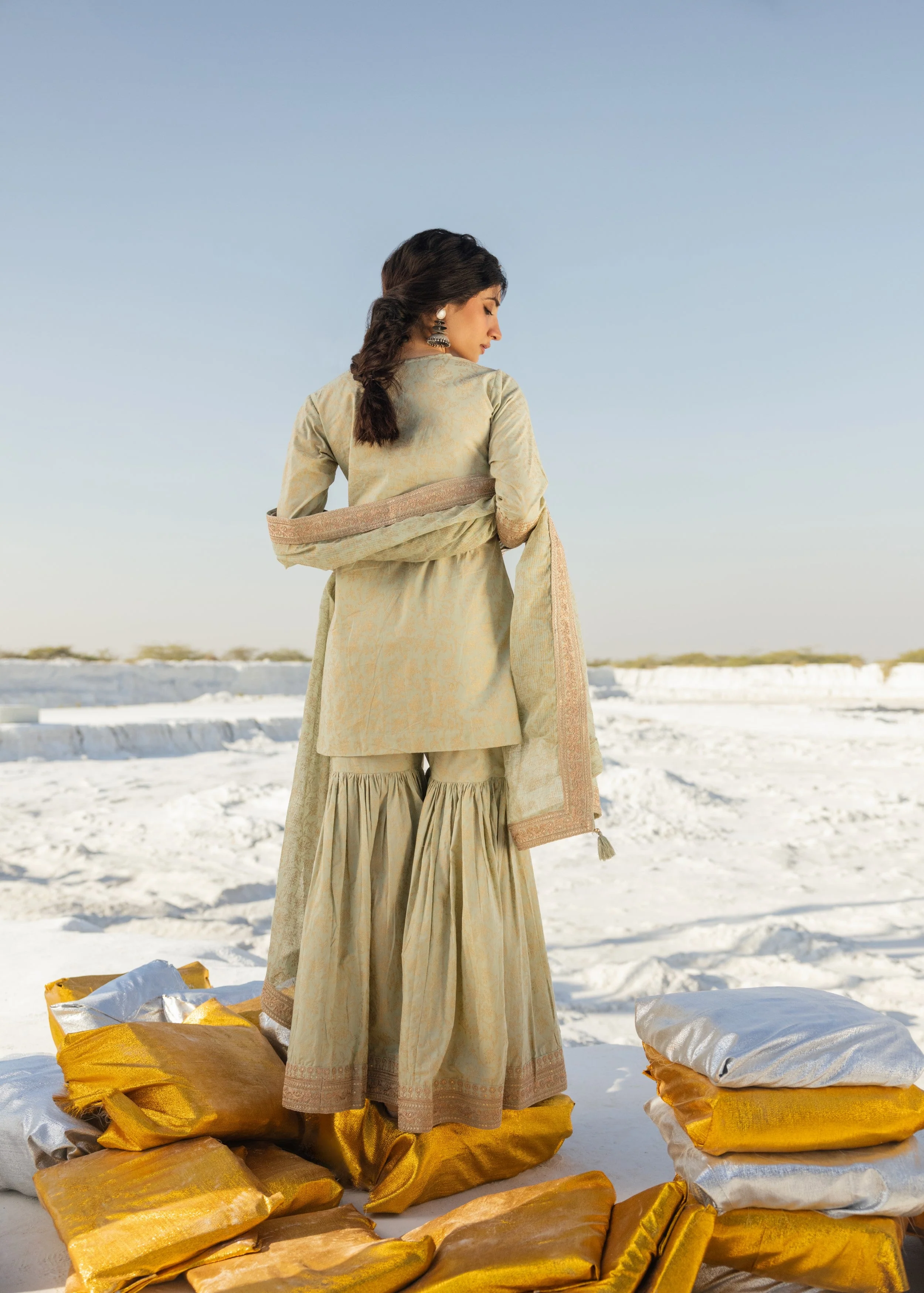Light Green Printed Organic Cotton Sharara Set - Image 6