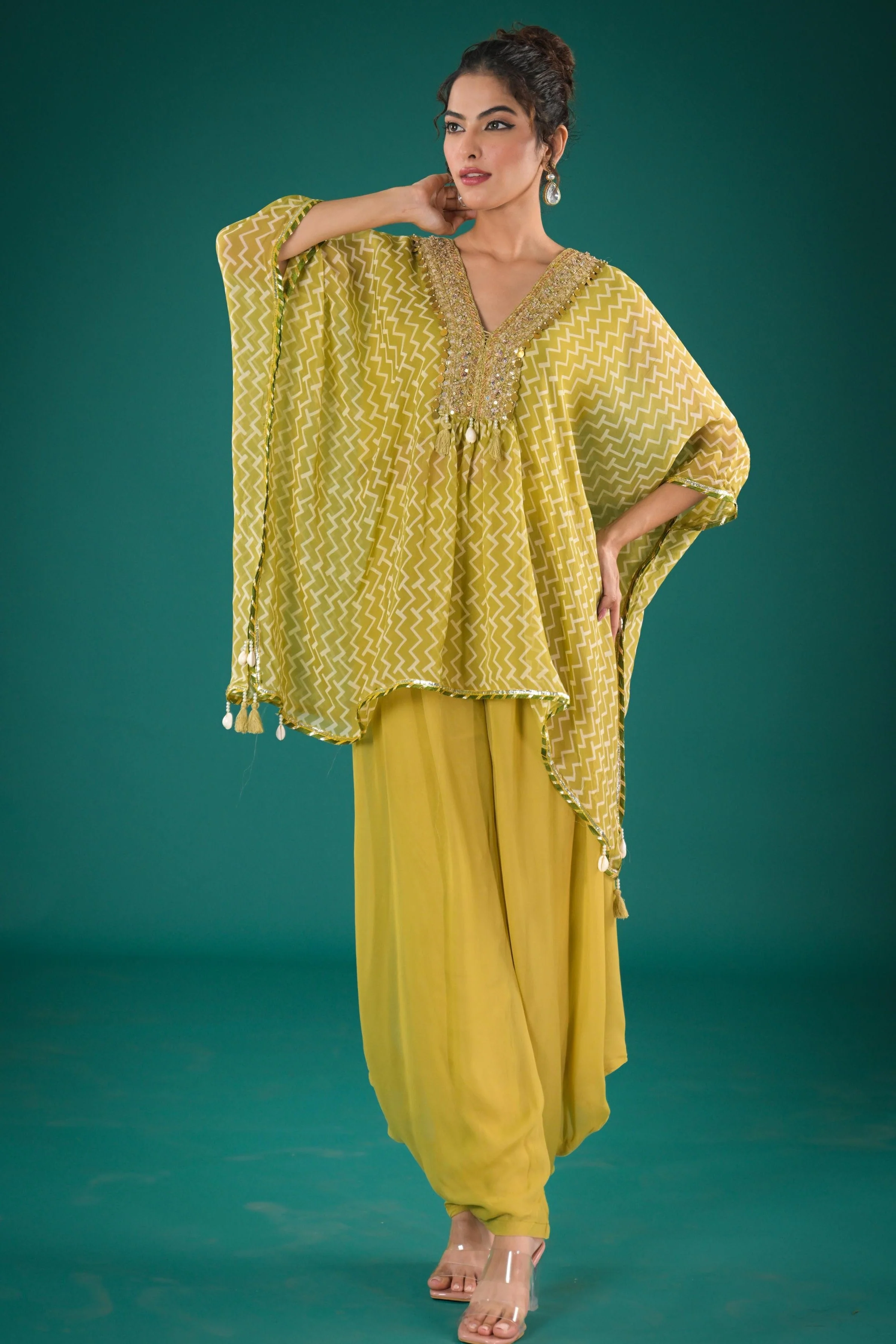 Light Green Printed Tissue Organza Silk Top & Palazzo Set - Image 3