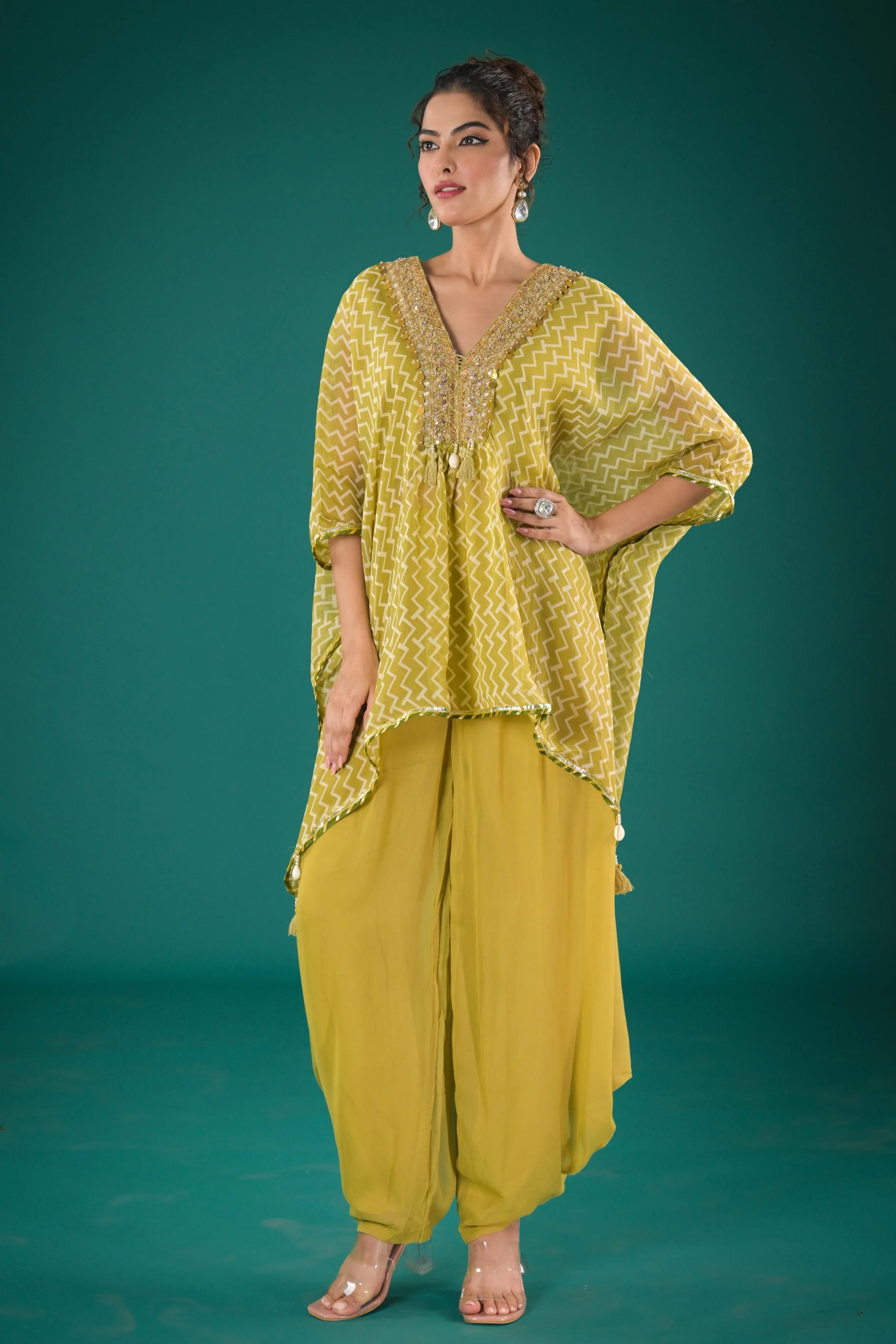 Light Green Printed Tissue Organza Silk Top & Palazzo Set - Image 4