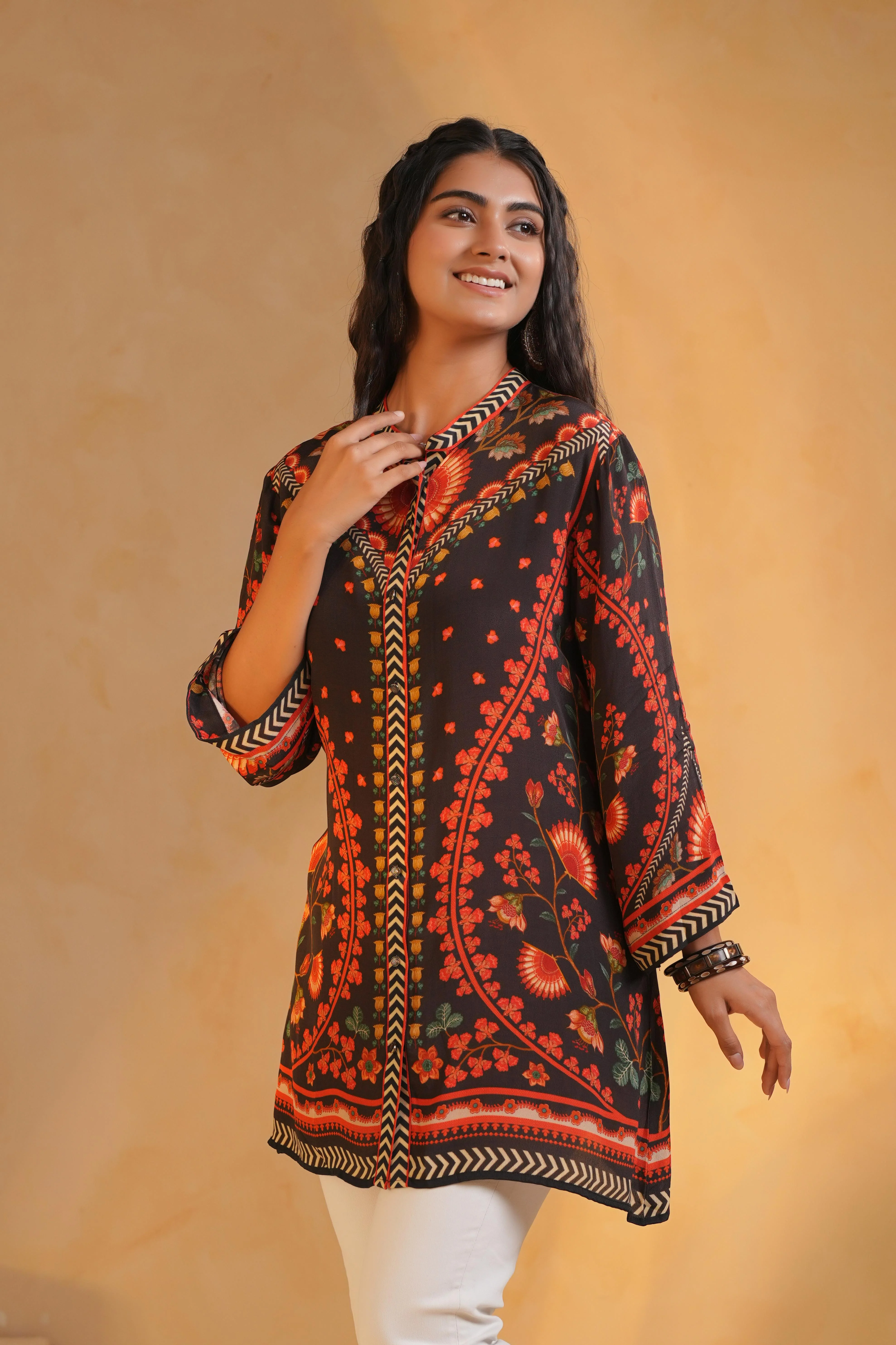 Black Printed Viscose Crepe Top - Image 2