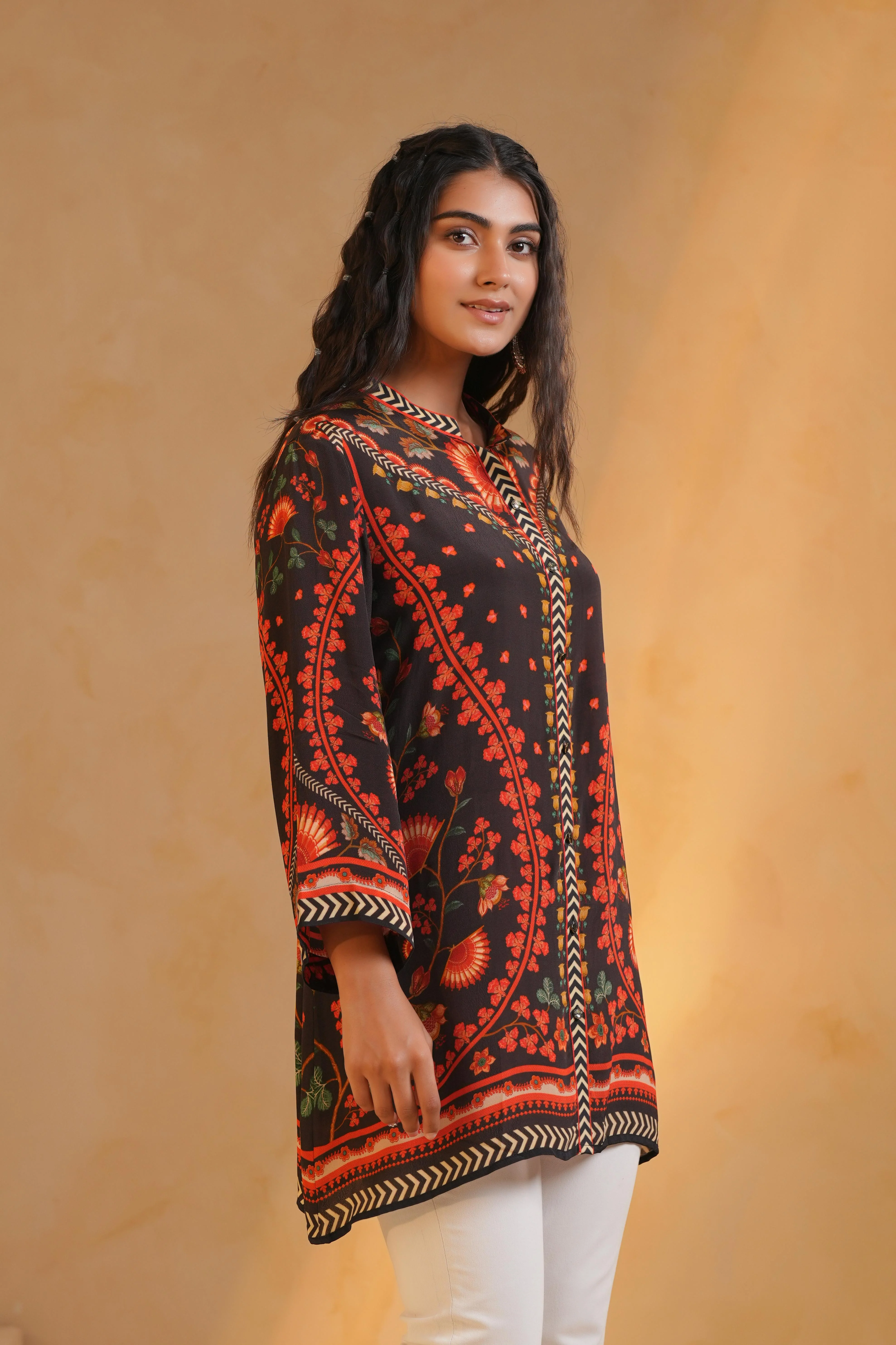 Black Printed Viscose Crepe Top - Image 3