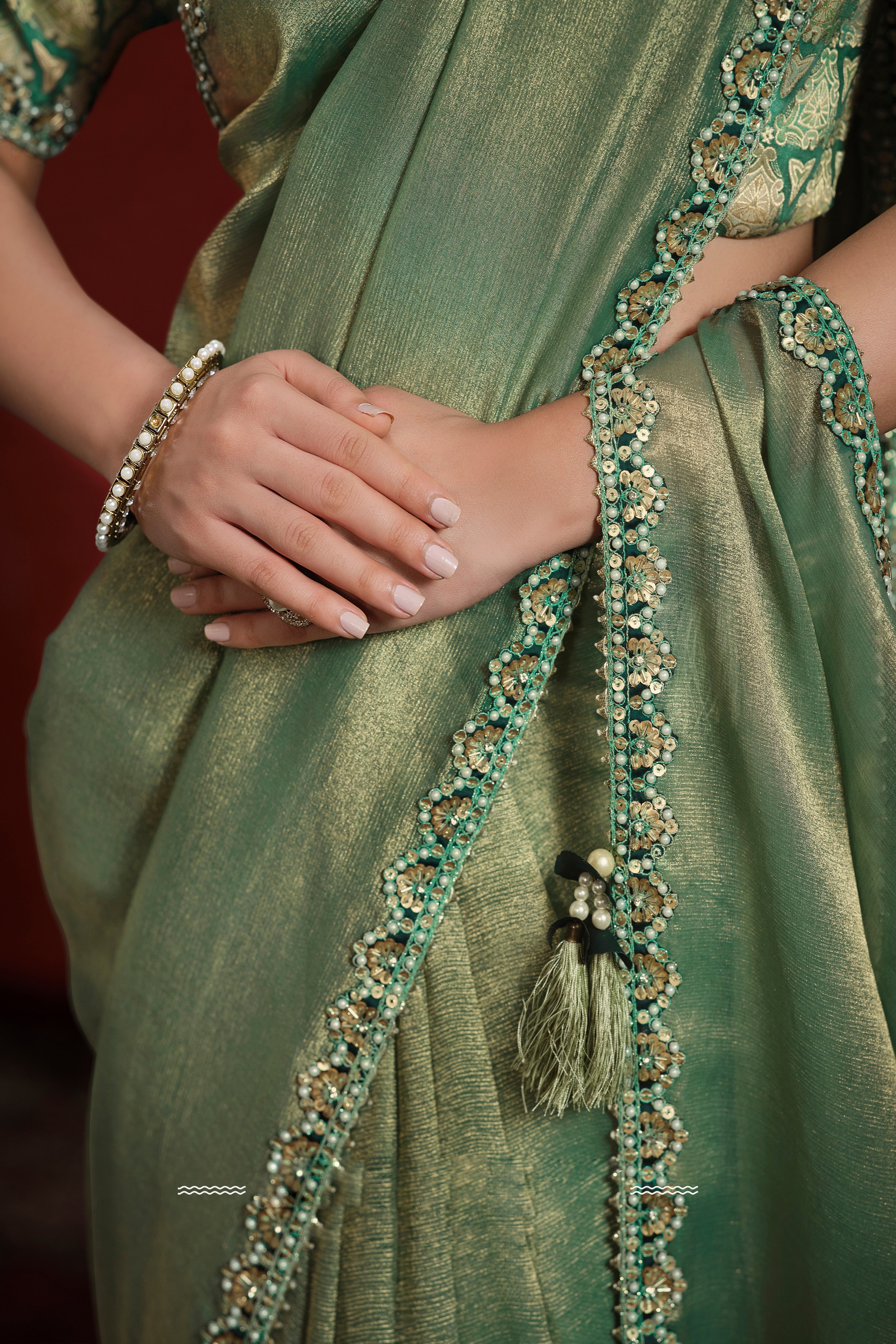 Light Green Embellished Zari Banarasi Silk  Saree - Image 3