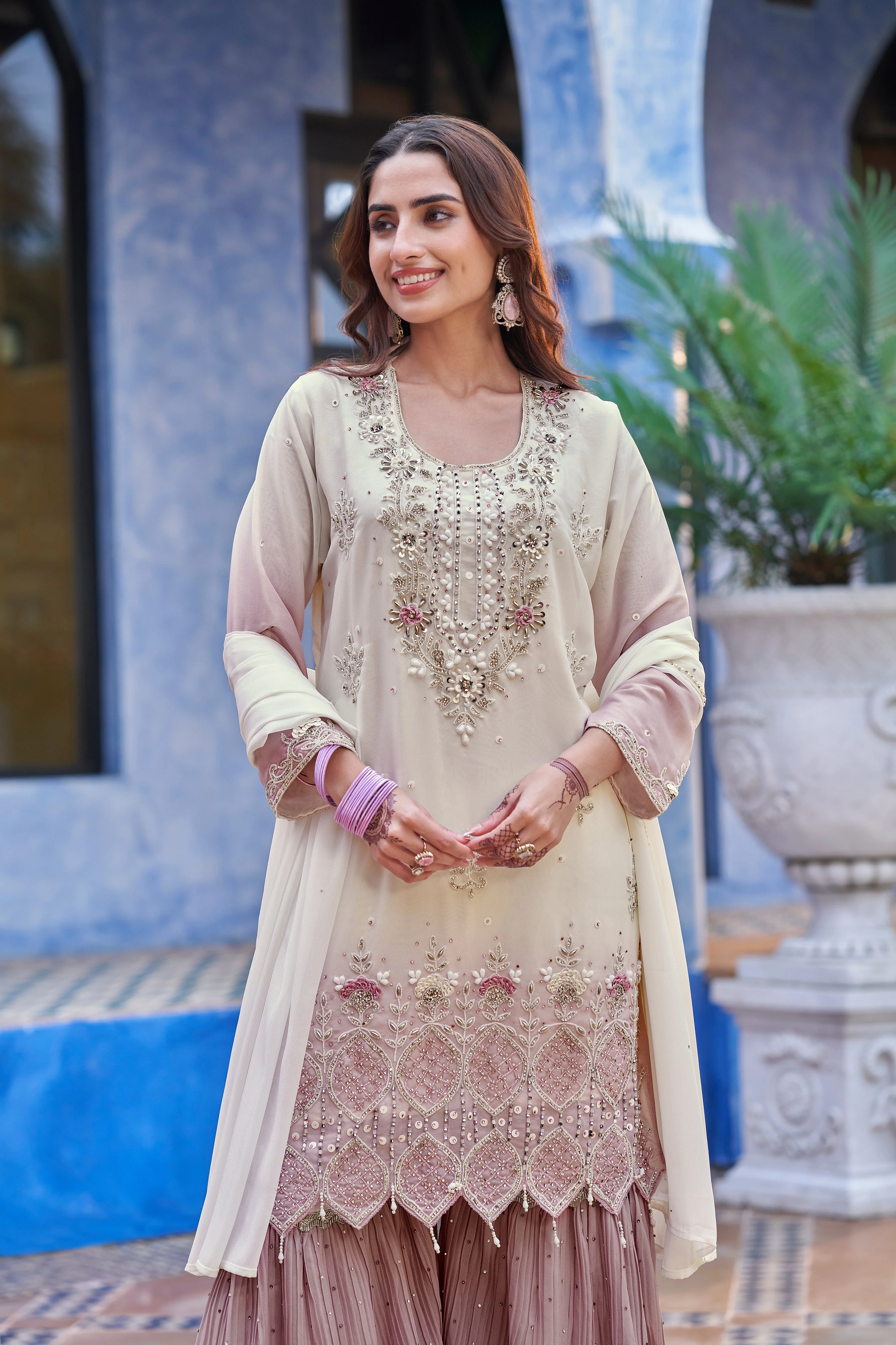 Light Mauve Embellished Shimmer Tissue Sharara Set - Image 2