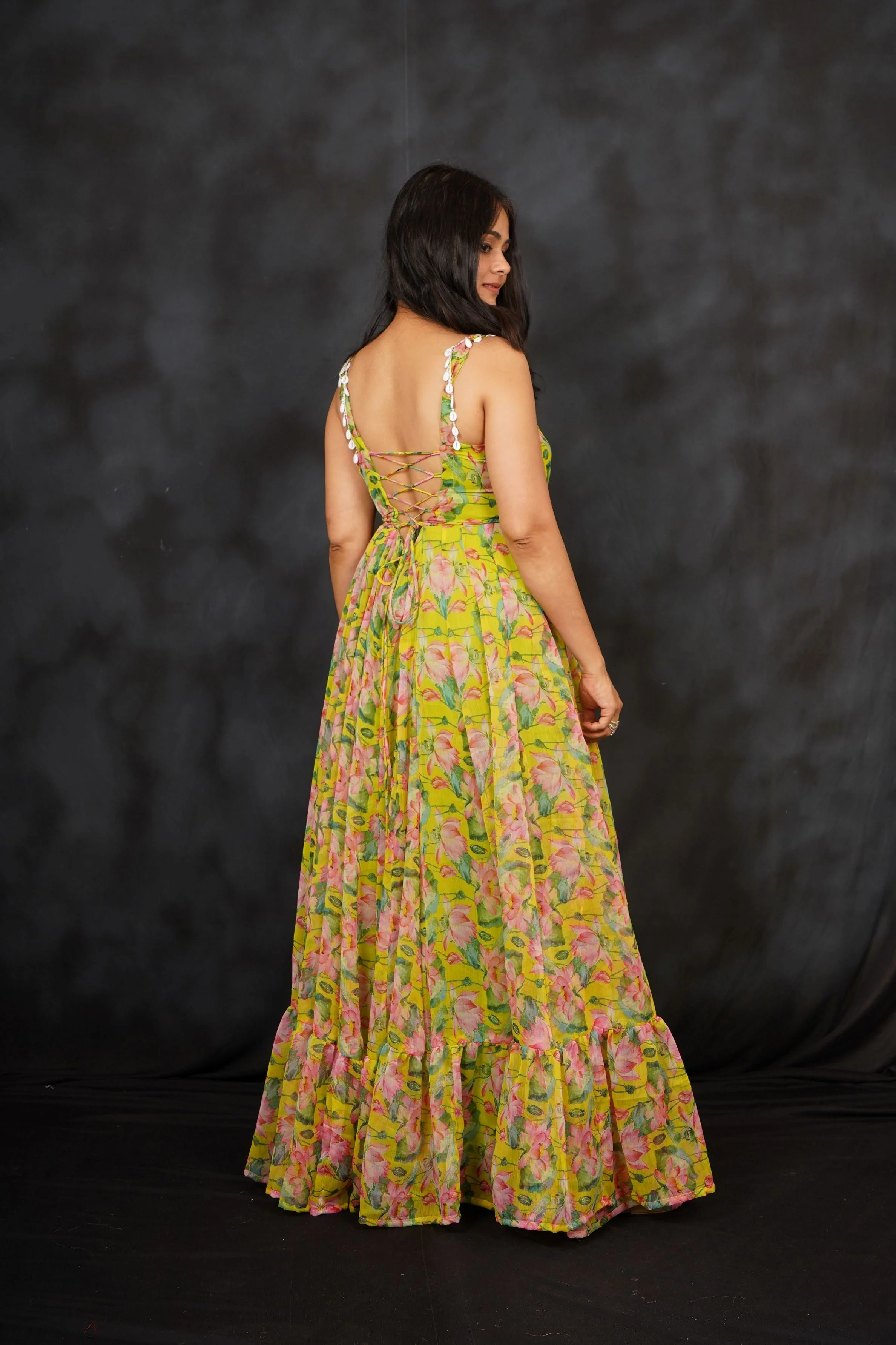 Light Moss Yellow Chiffon Silk Maxi Dress - Image 3