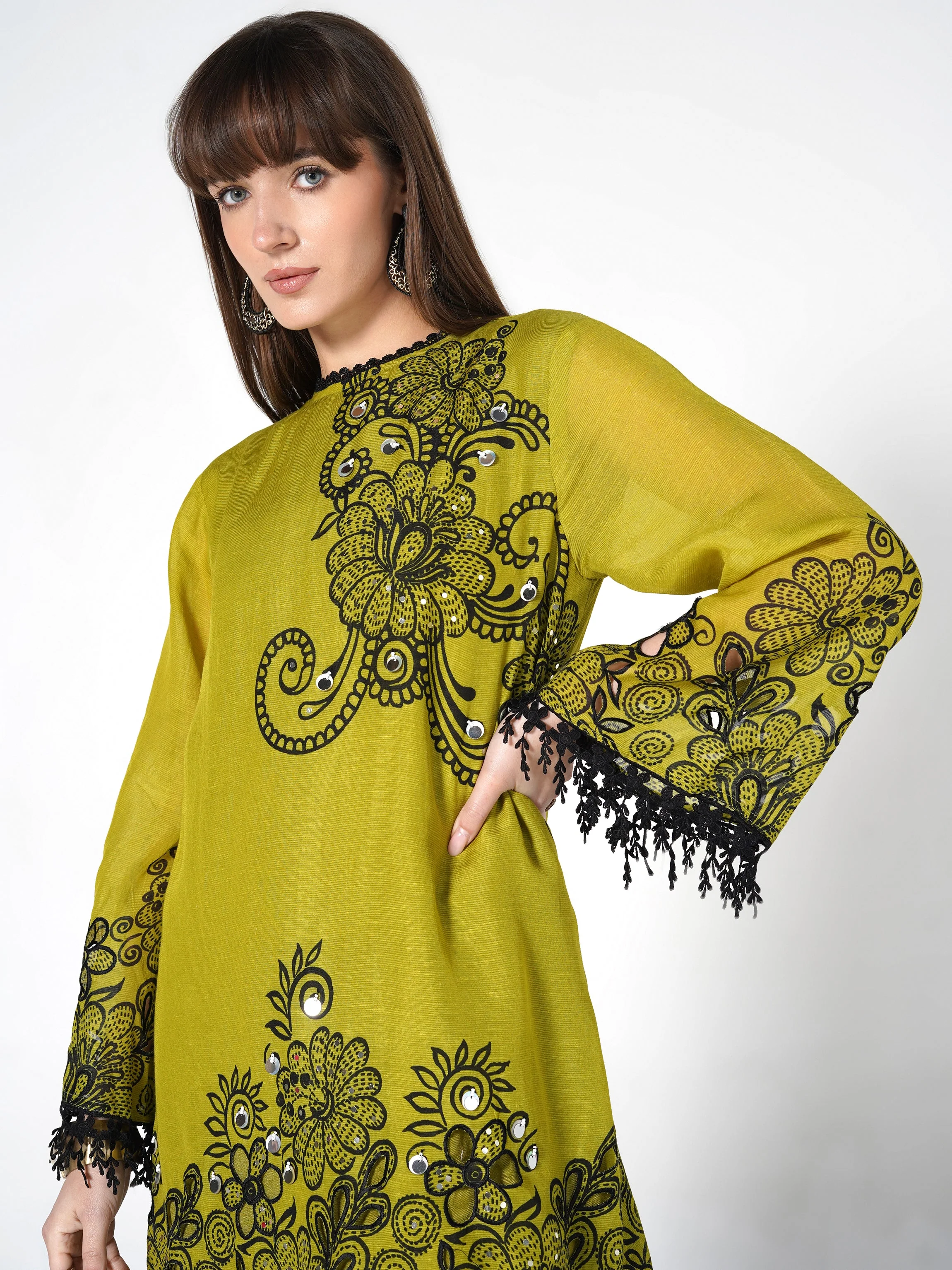 Light Olive Printed Linen Silk Co-Ord Set - Image 2
