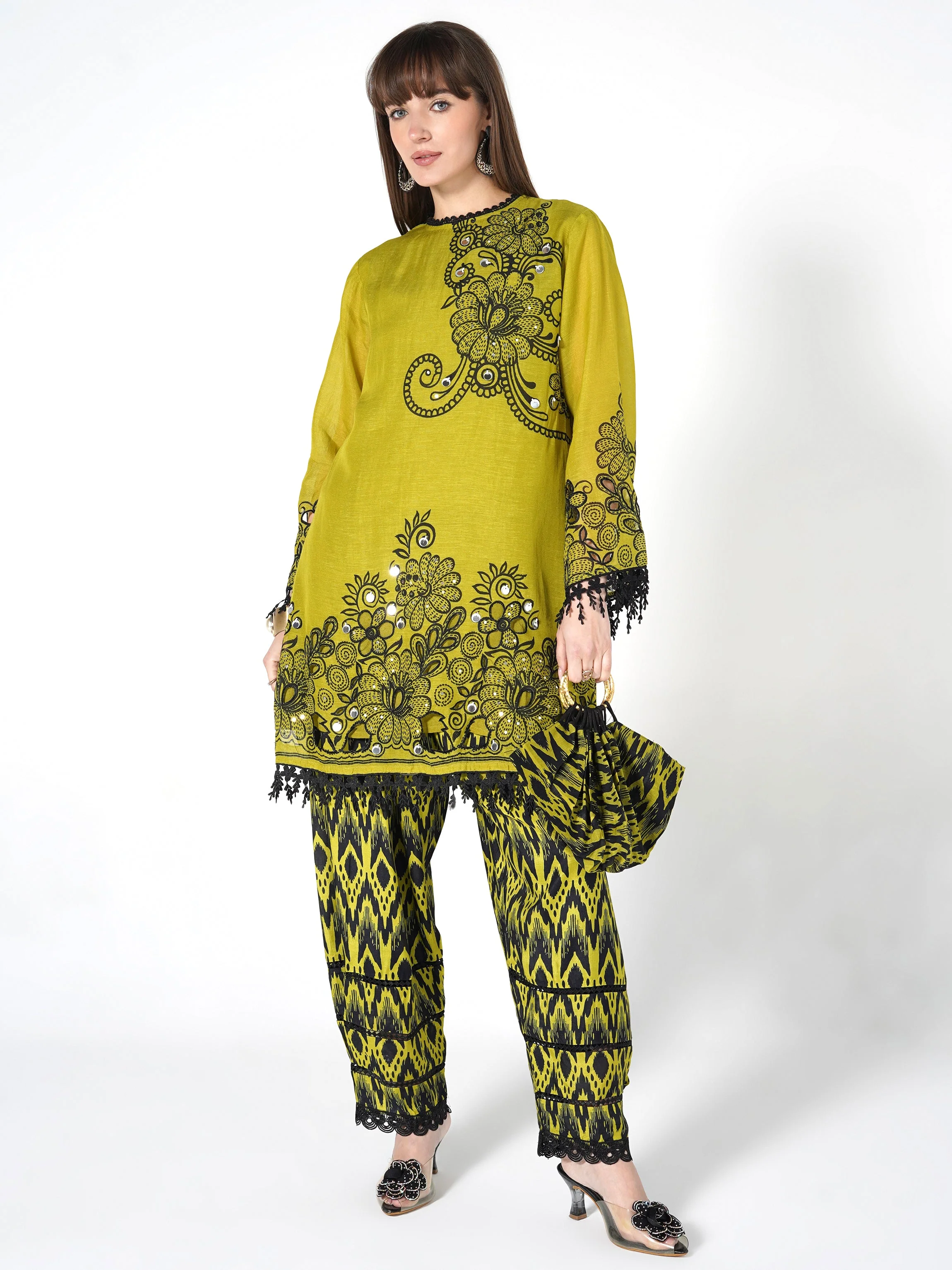 Light Olive Printed Linen Silk Co-Ord Set - Image 3
