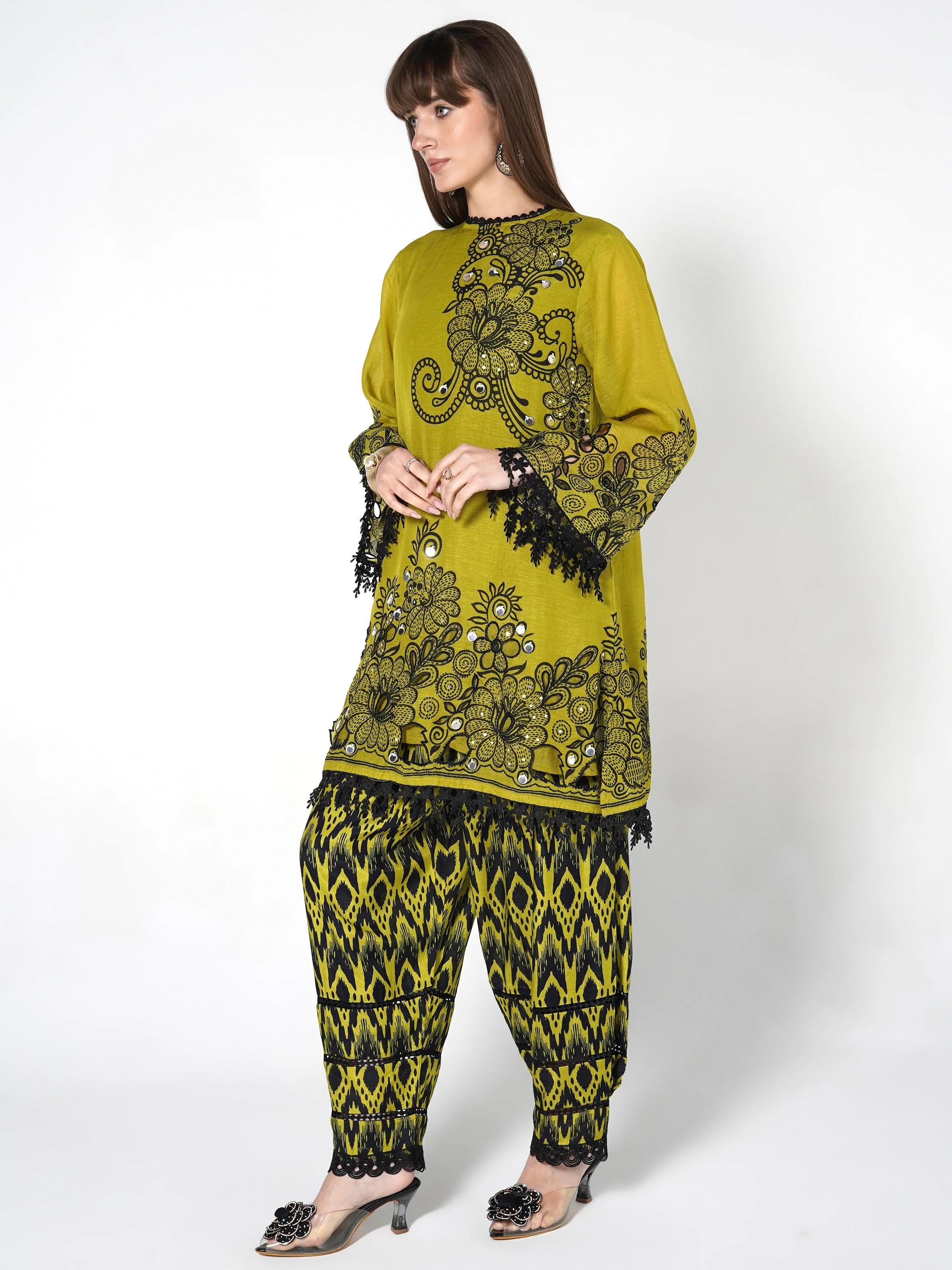 Light Olive Printed Linen Silk Co-Ord Set - Image 5