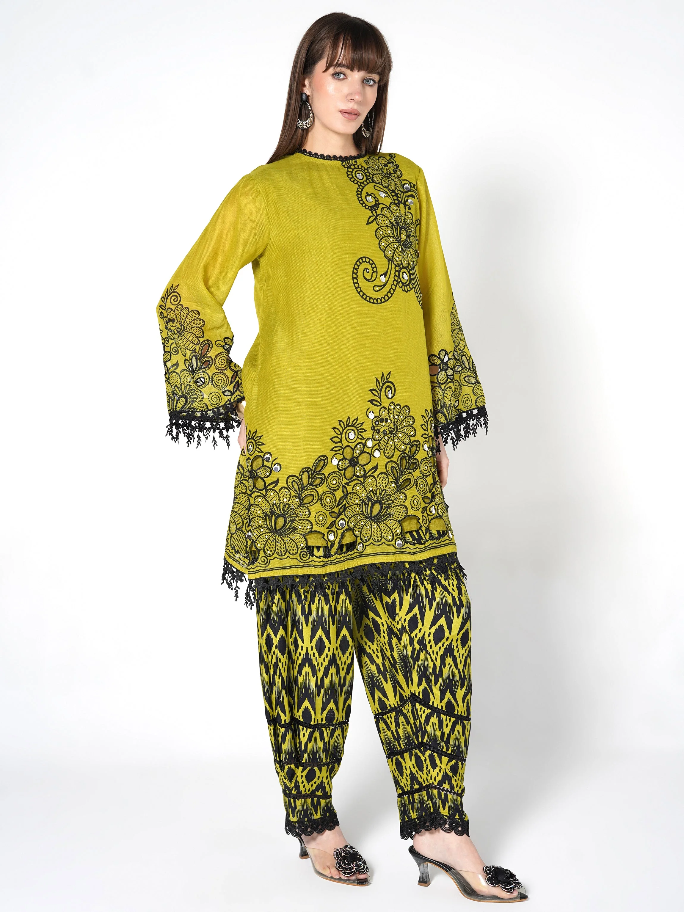 Light Olive Printed Linen Silk Co-Ord Set - Image 6