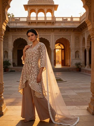 Light Peach Embroidered Georgette Silk Palazzo Set - Image 2