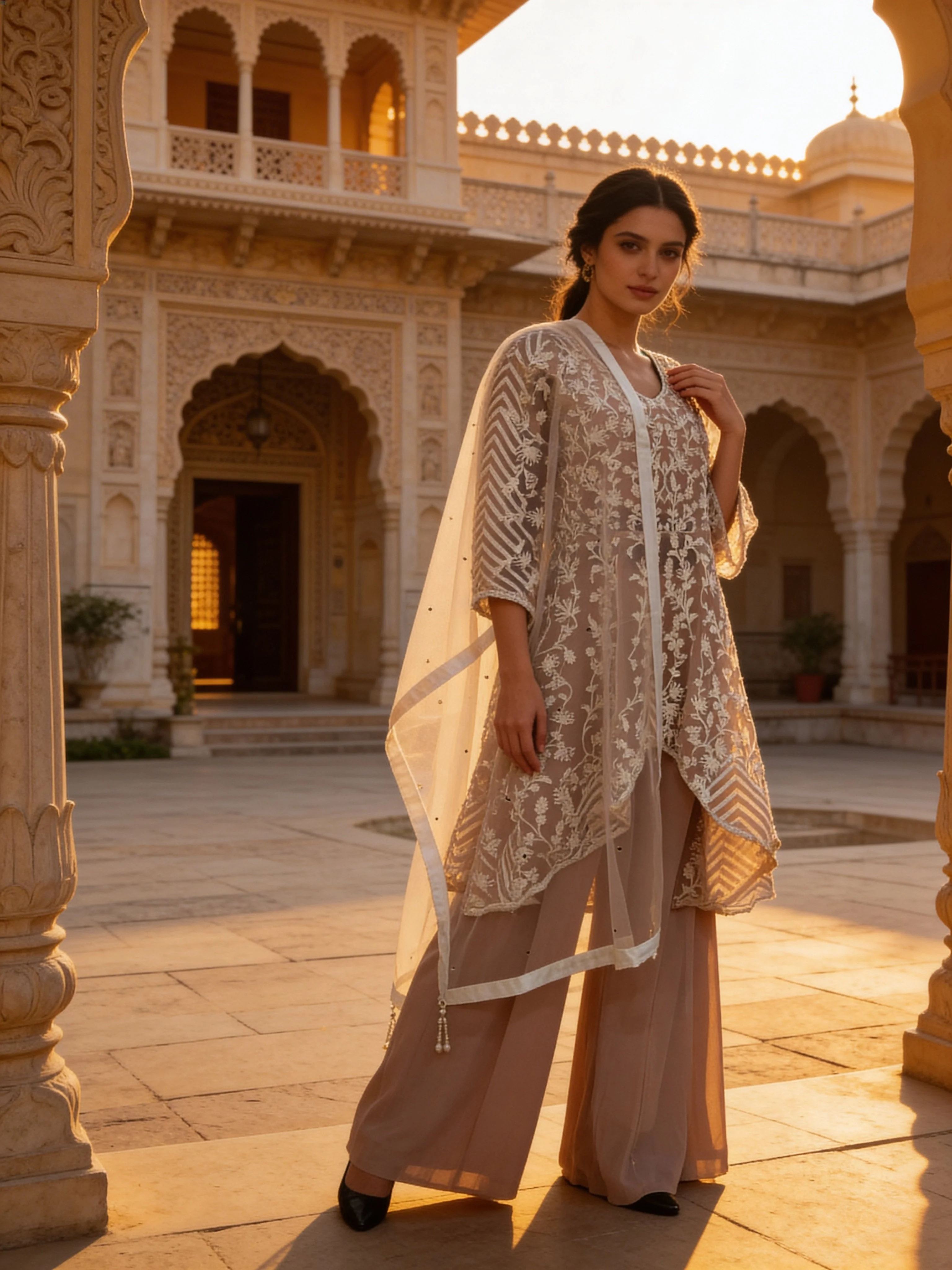 Light Peach Embroidered Georgette Silk Palazzo Set - Image 3