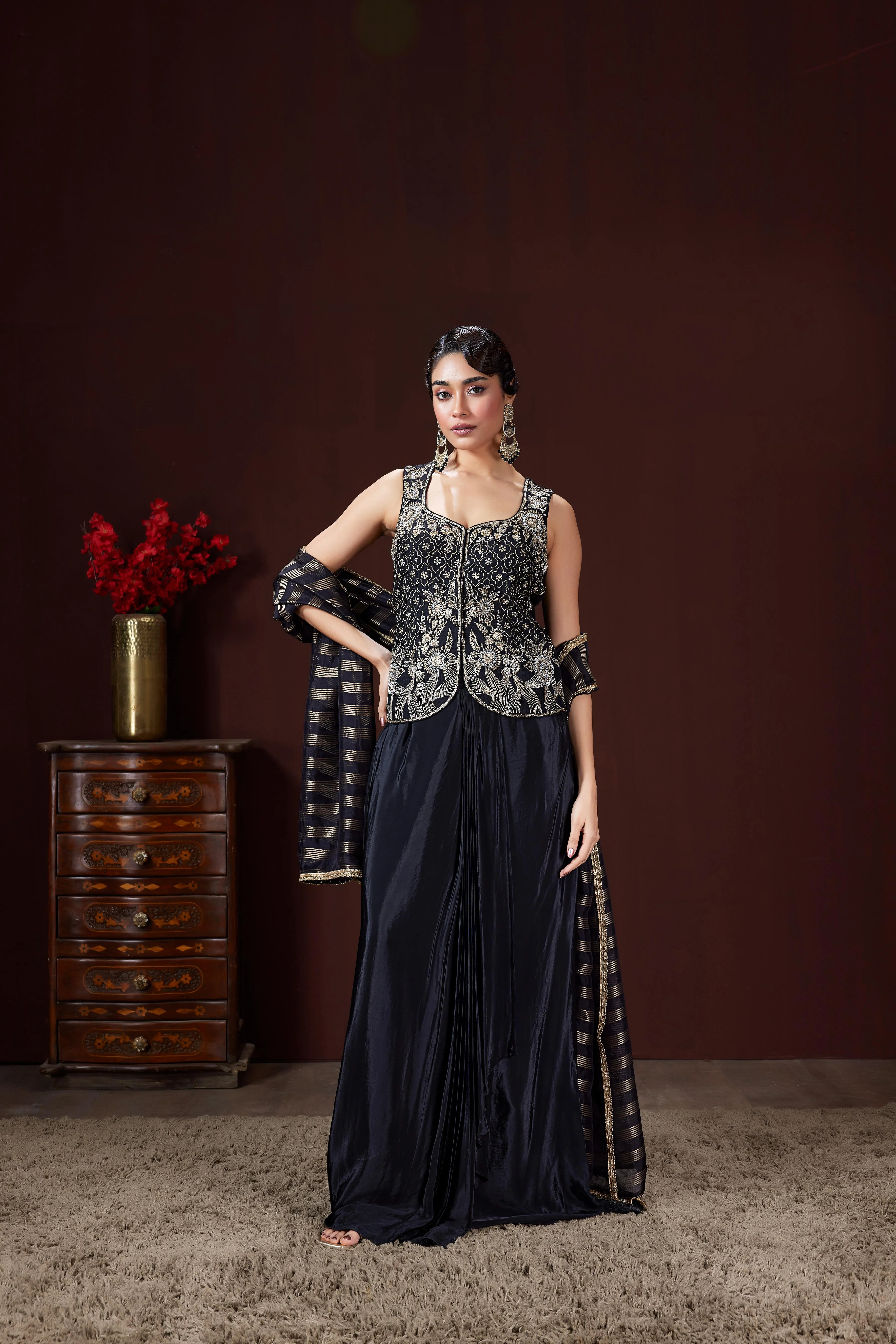 Classic Black Embellished Satin Silk Skirt Set