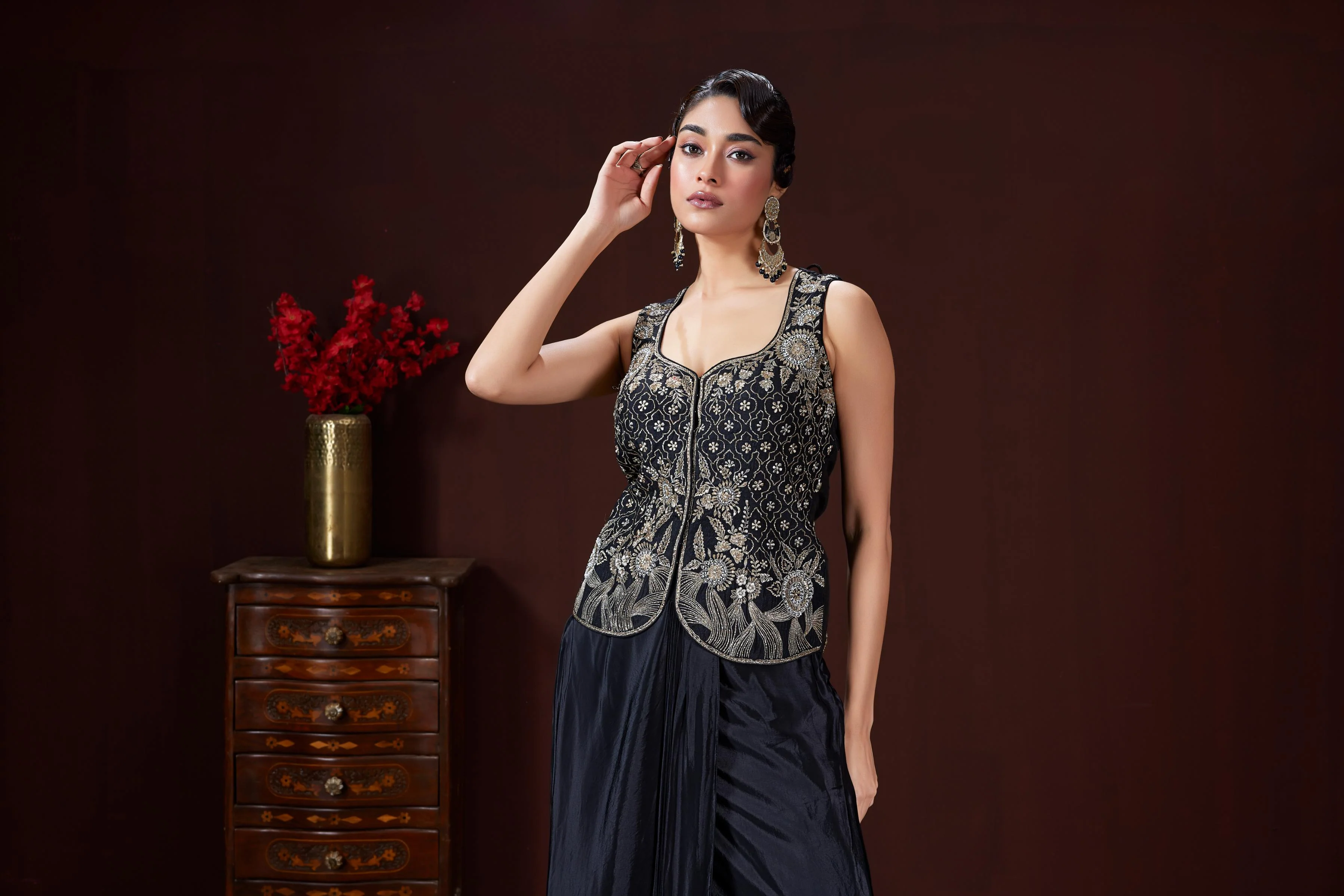 Classic Black Embellished Satin Silk Skirt Set - Image 2
