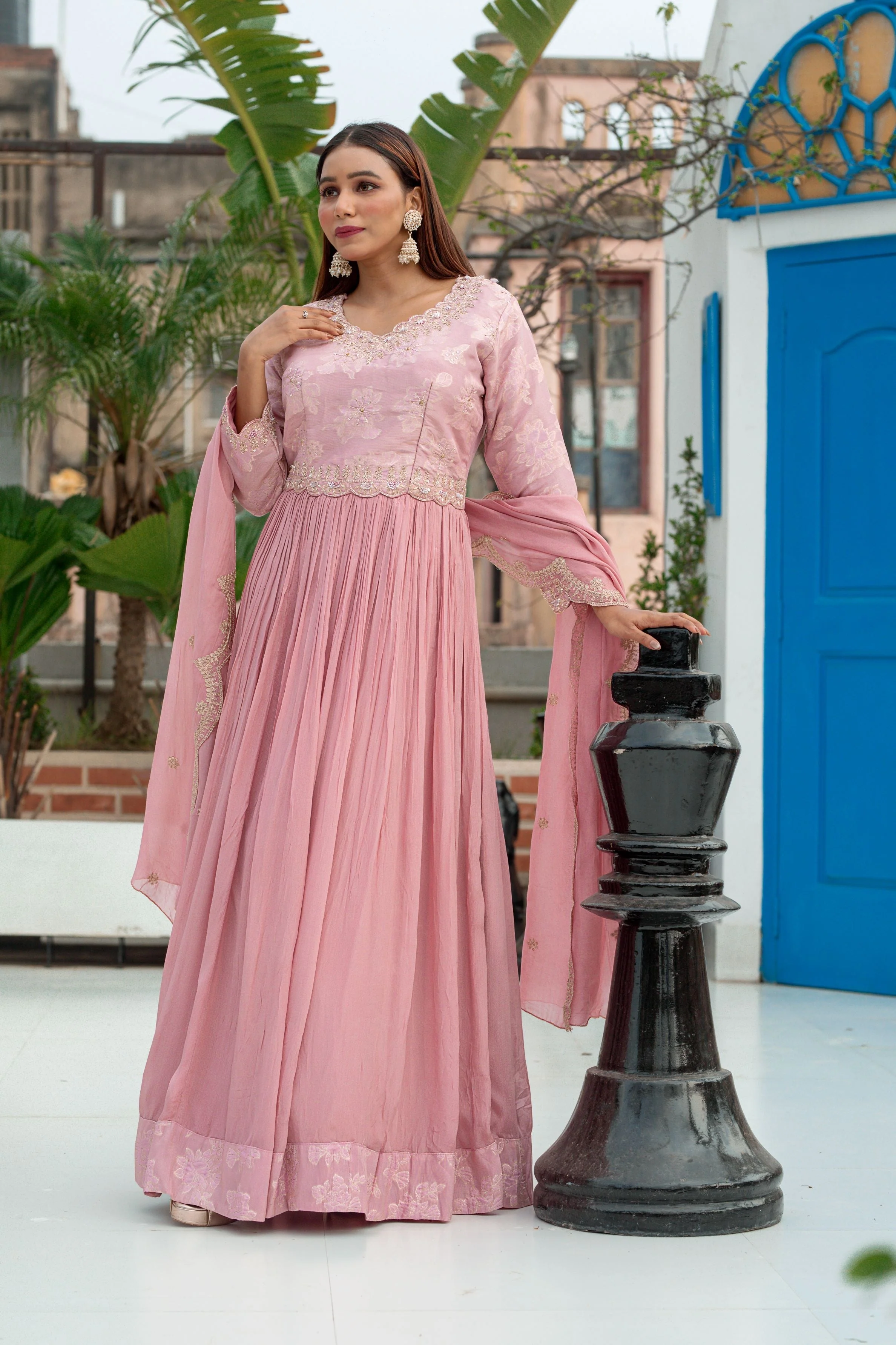 Light Pink Embellished Premium Chinon Silk Anarkali Set - Image 3