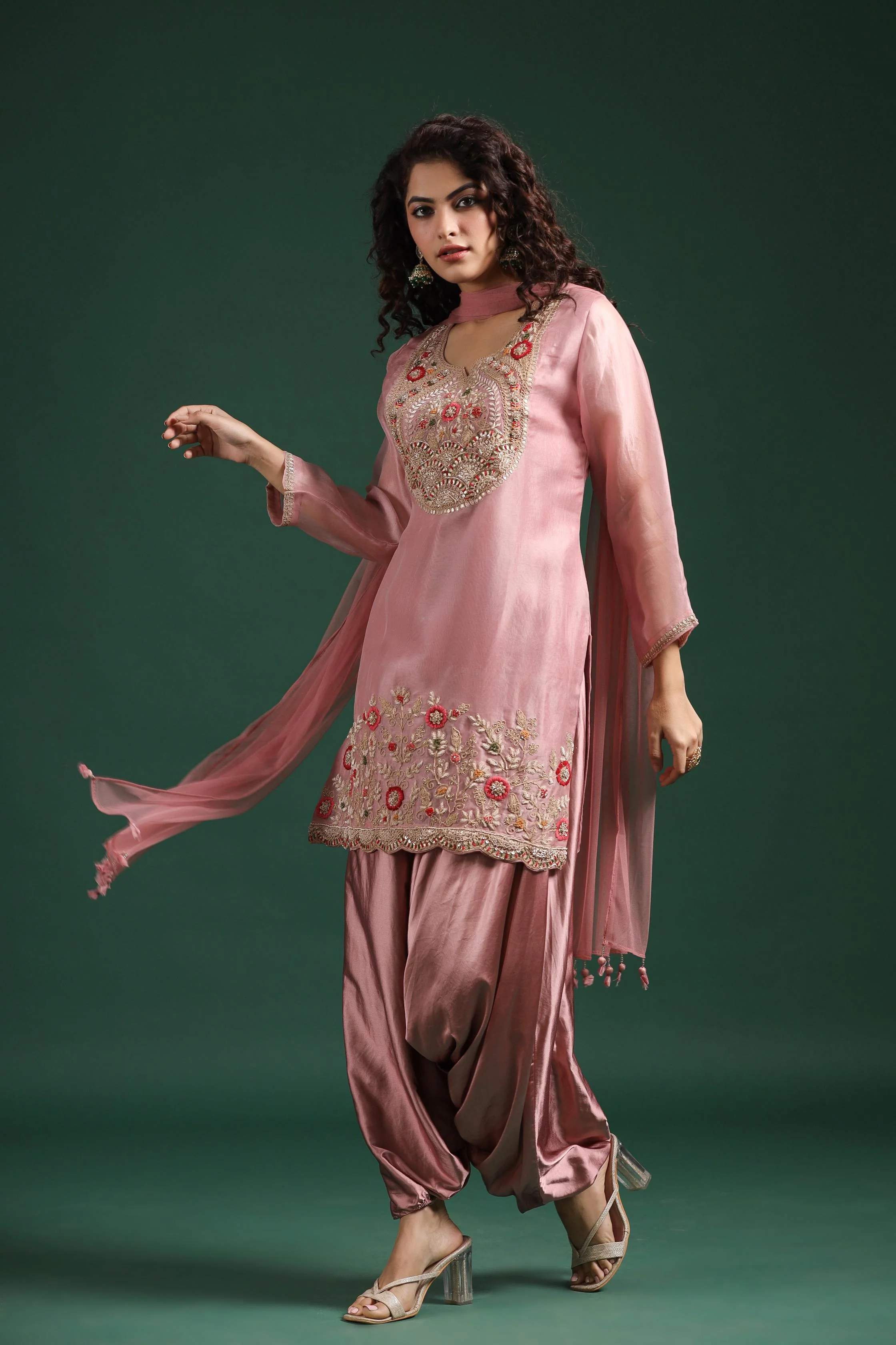 Light Pink Embellished Premium Organza Silk Cowl Pants Set - Image 3
