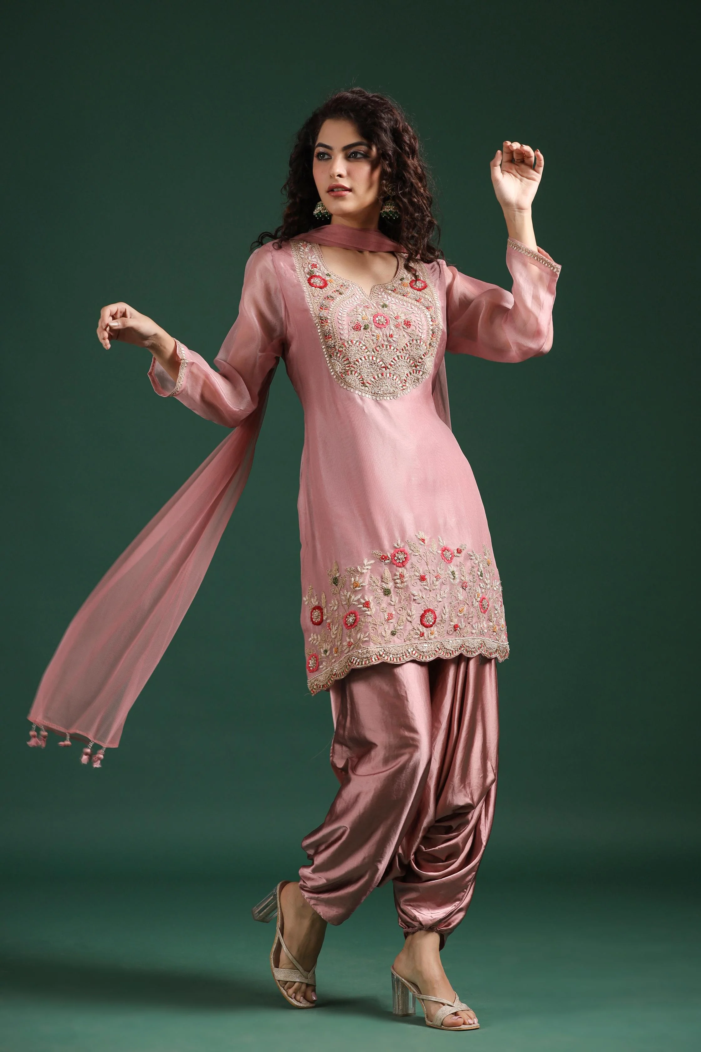 Light Pink Embellished Premium Organza Silk Cowl Pants Set - Image 4