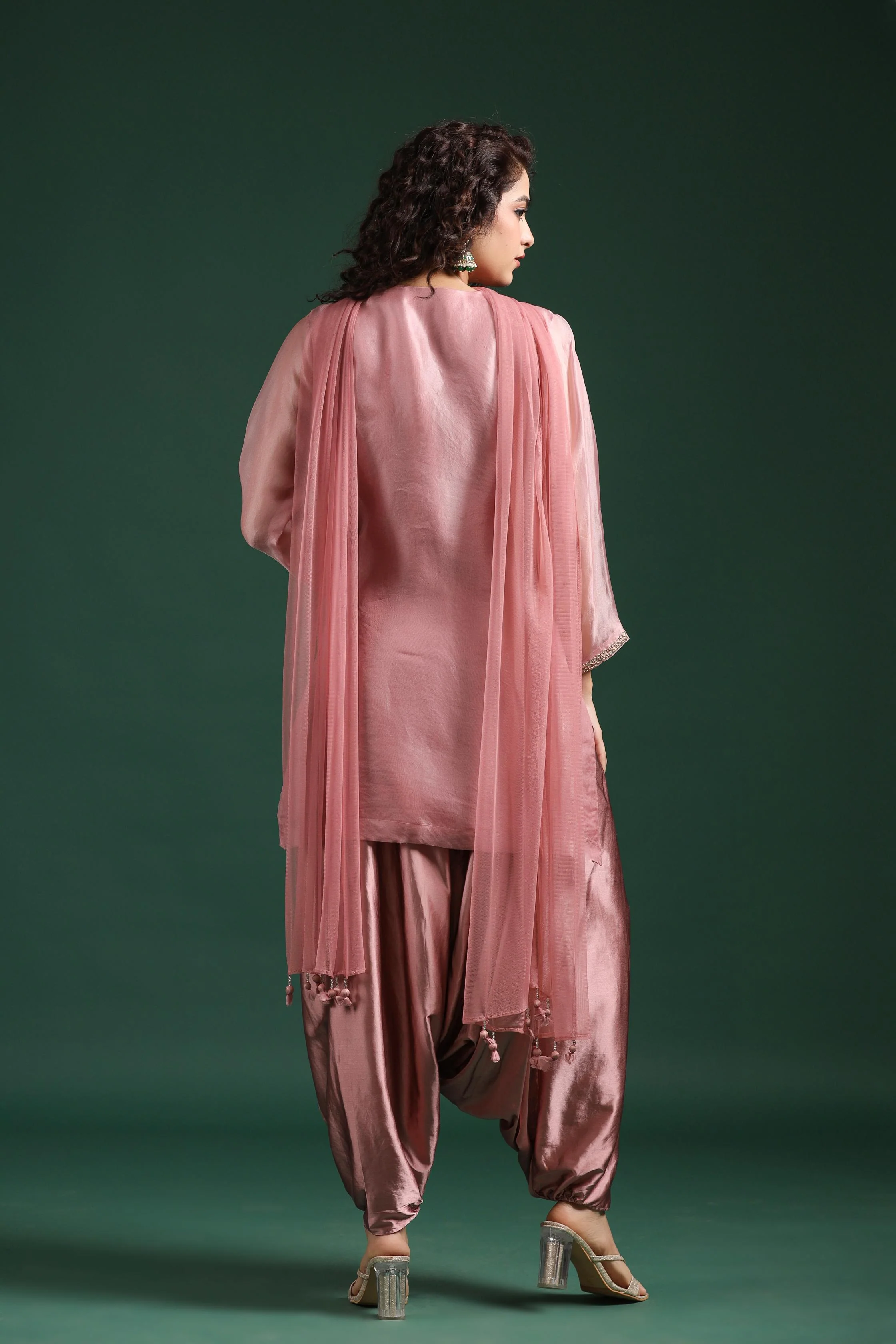 Light Pink Embellished Premium Organza Silk Cowl Pants Set - Image 5