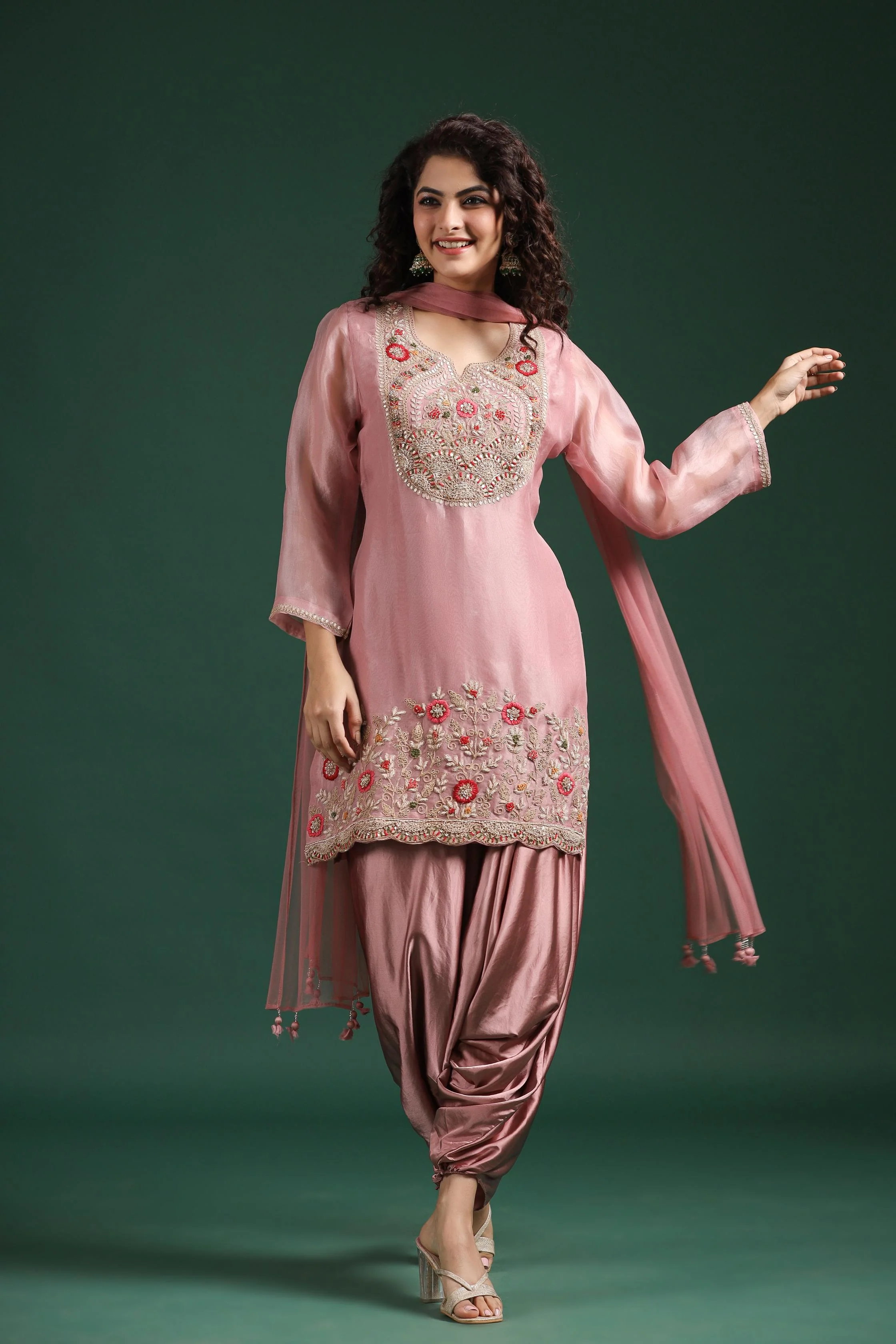 Light Pink Embellished Premium Organza Silk Cowl Pants Set - Image 6