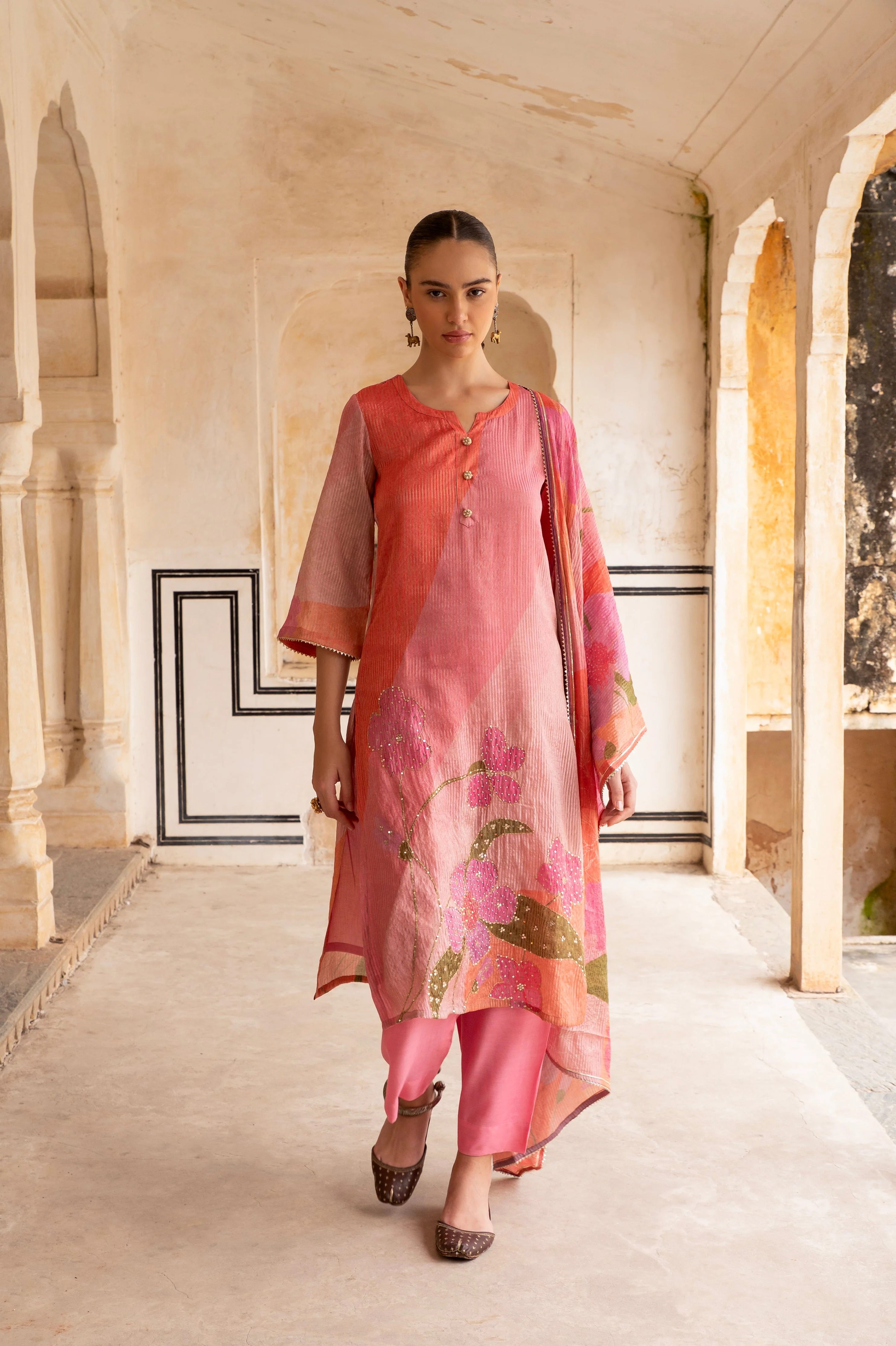 Light Pink Embellished Premium Silk Pant Set