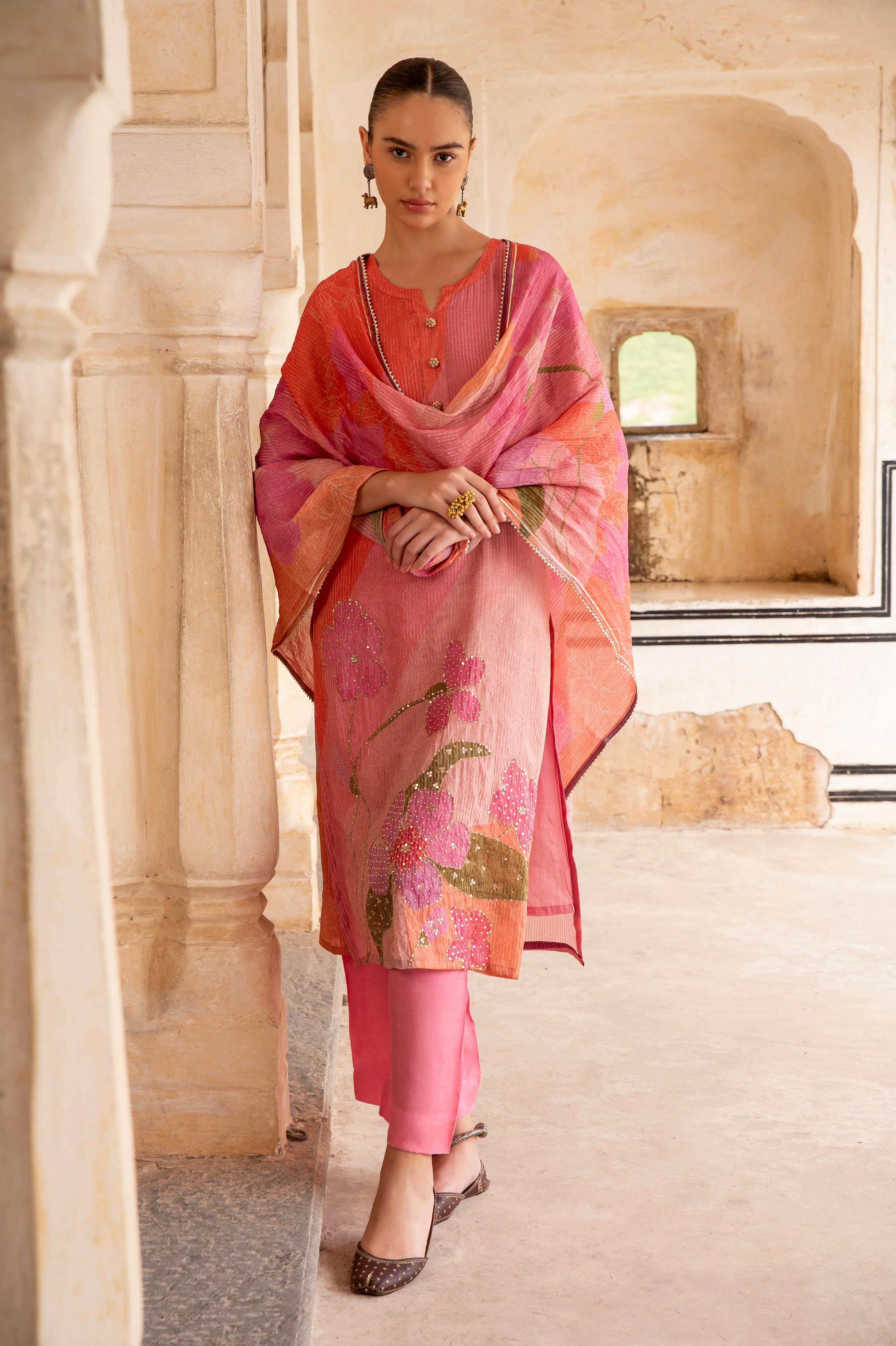Light Pink Embellished Premium Silk Pant Set - Image 3