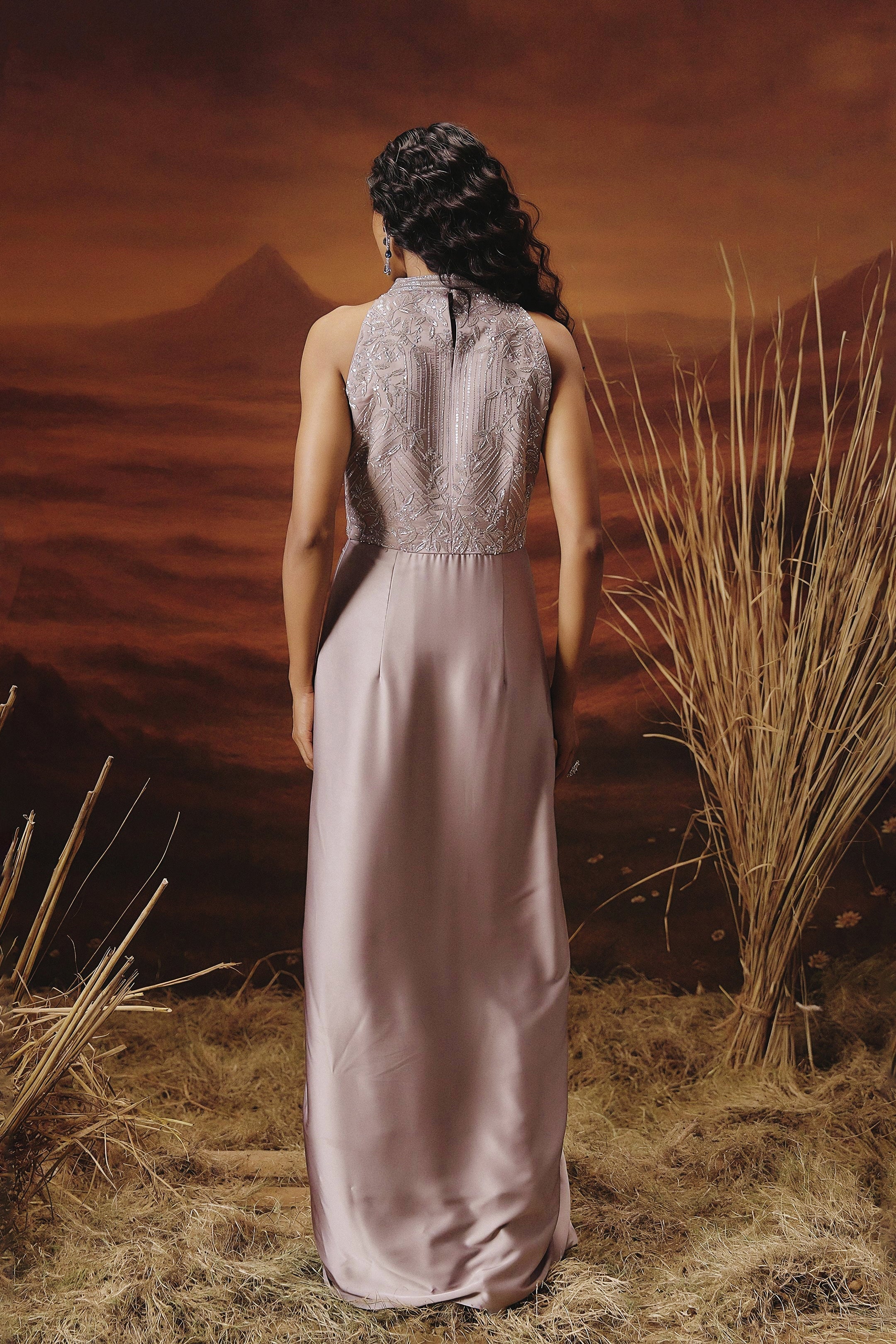 Blush Pink Embellished Satin Silk Gown - Image 6