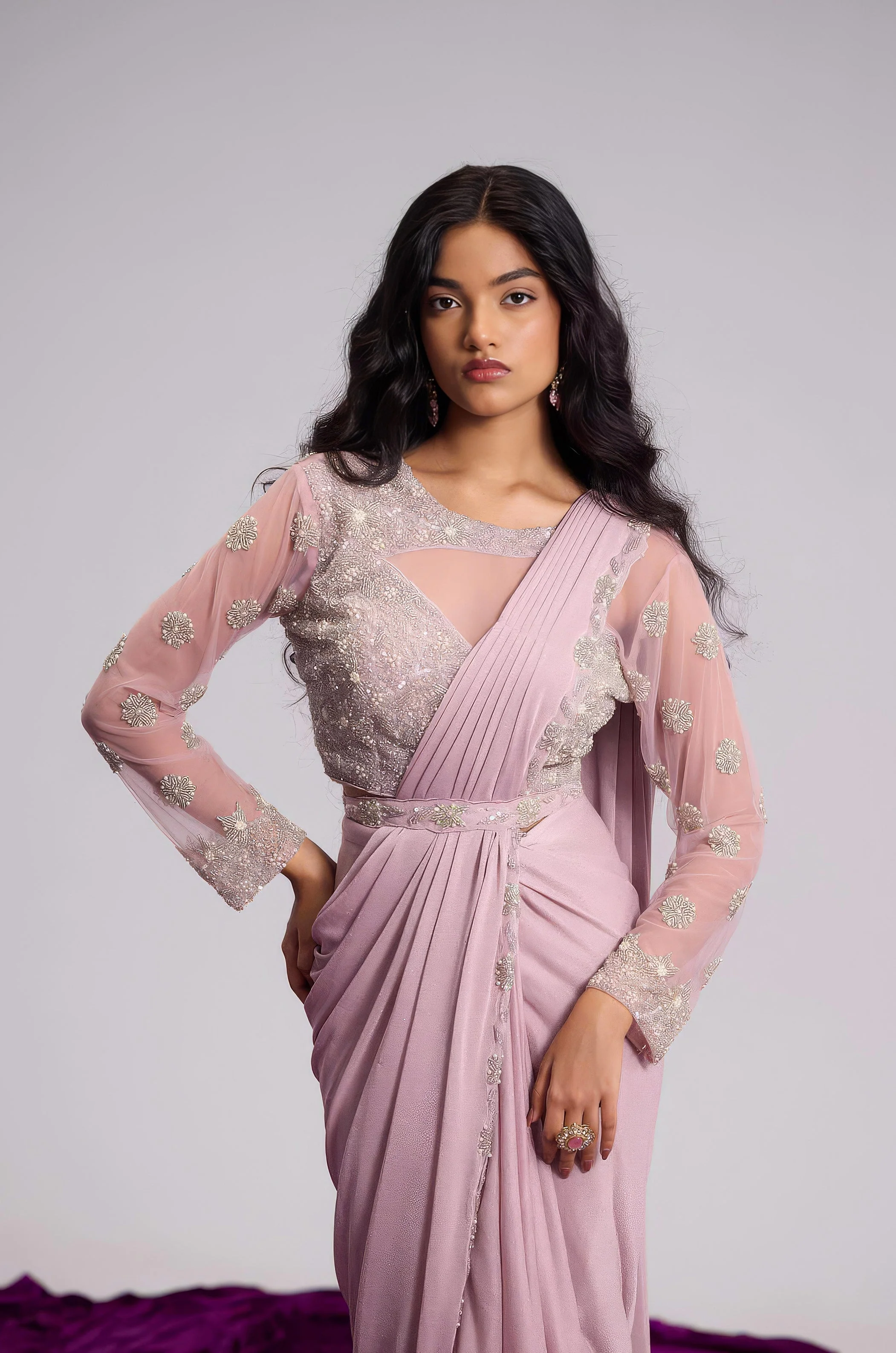 Light Pink Embellished Shimmer Lycra Silk Draped Saree - Image 3