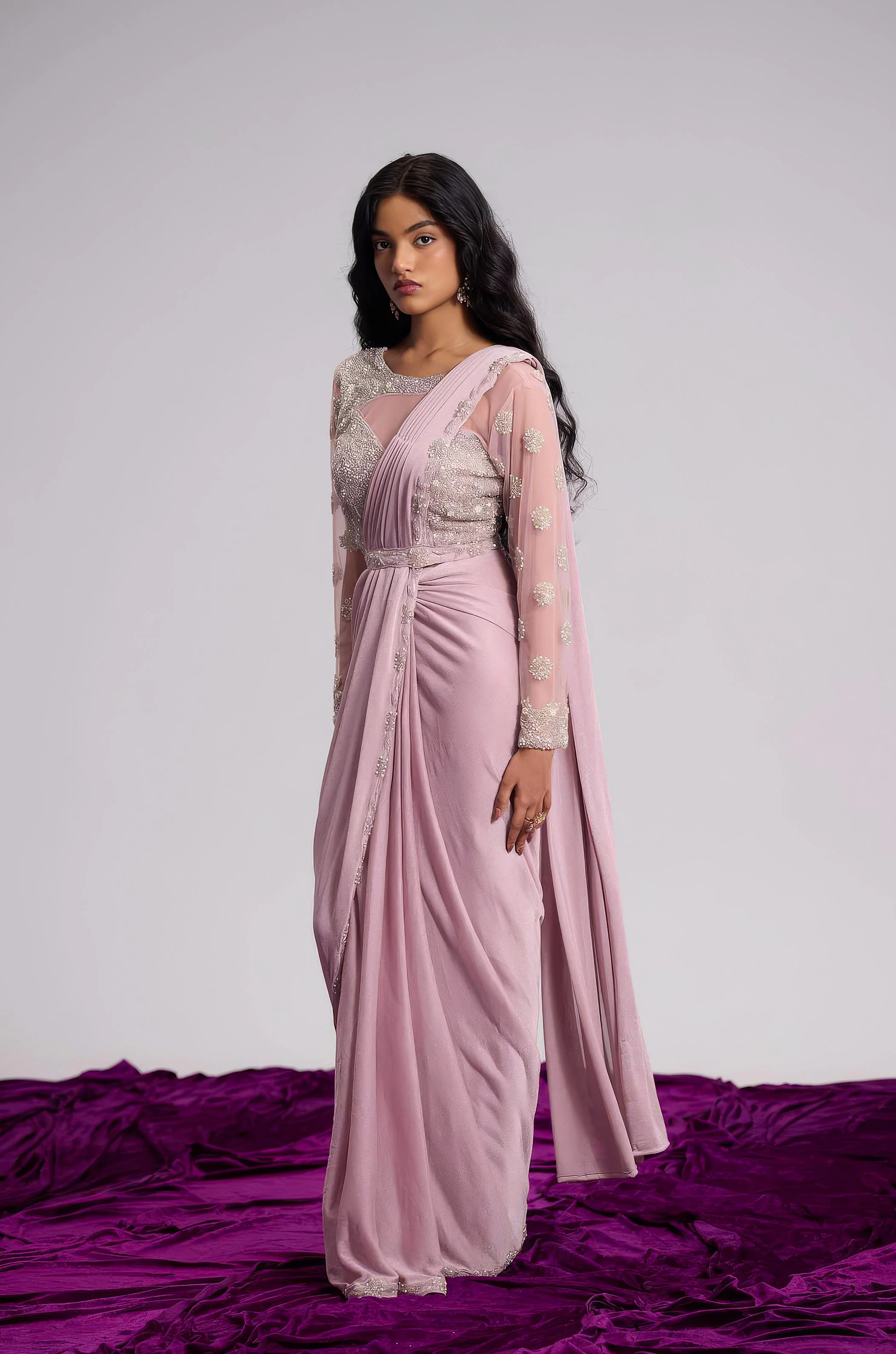 Light Pink Embellished Shimmer Lycra Silk Draped Saree - Image 4