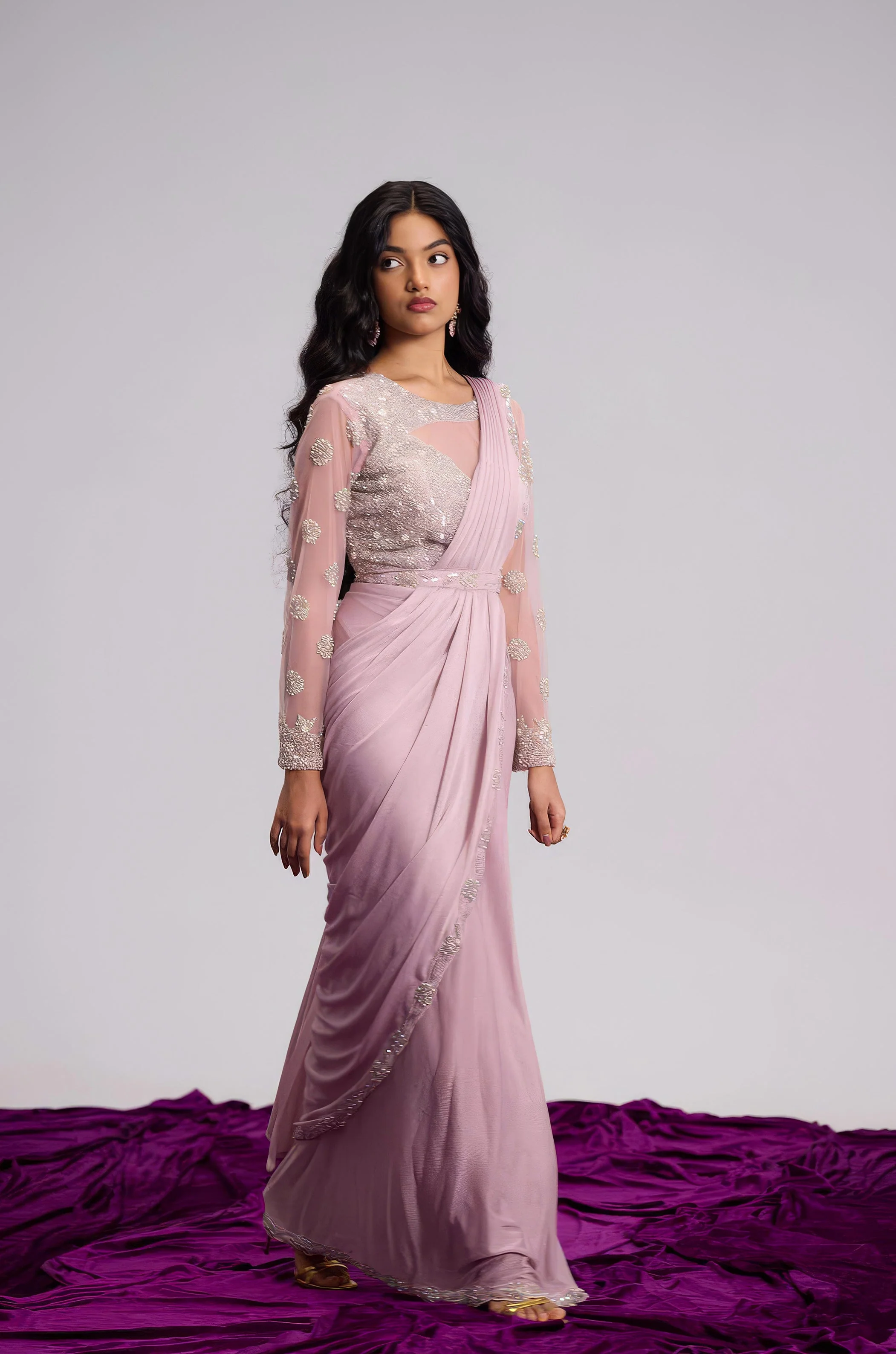 Light Pink Embellished Shimmer Lycra Silk Draped Saree - Image 5