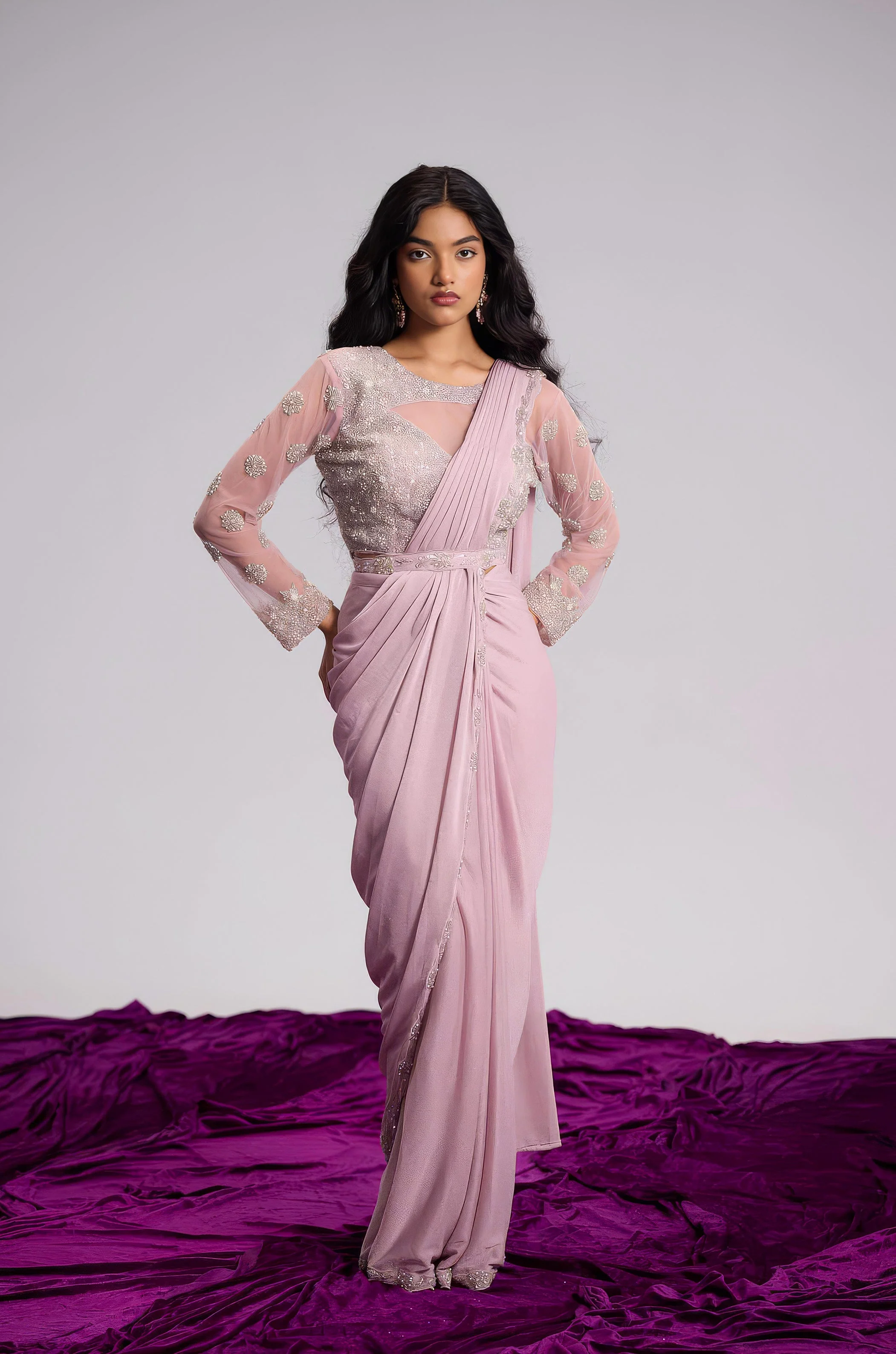 Light Pink Embellished Shimmer Lycra Silk Draped Saree - Image 6