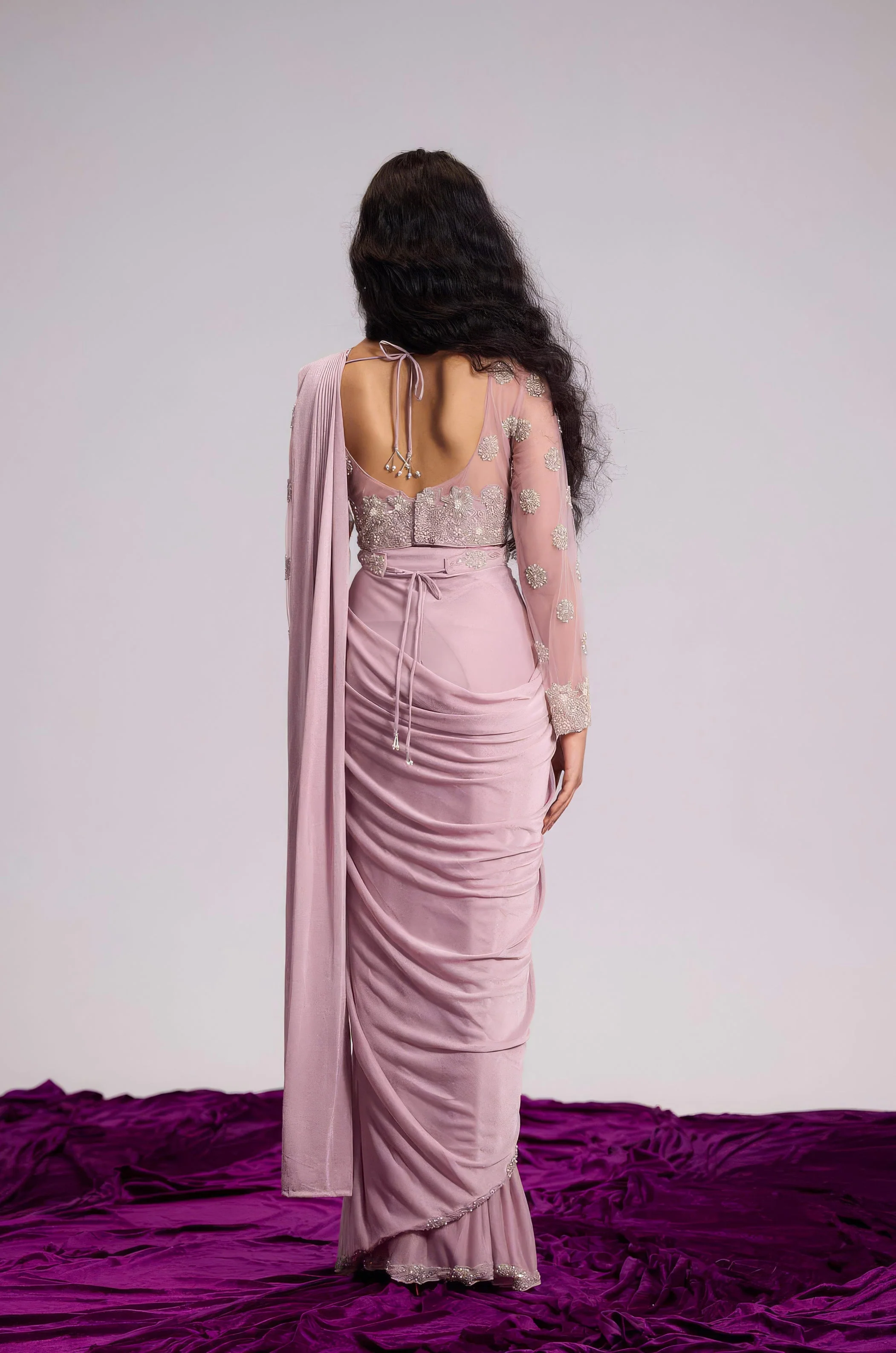 Light Pink Embellished Shimmer Lycra Silk Draped Saree - Image 7